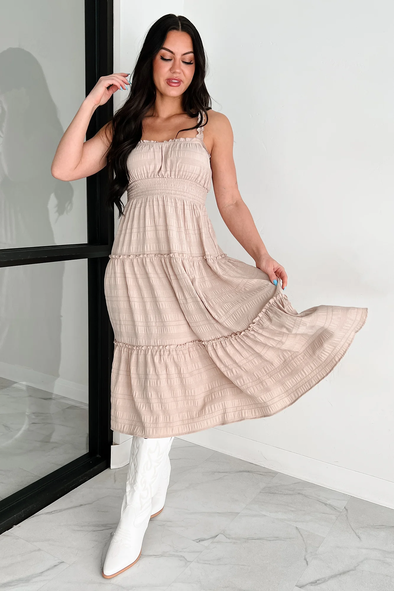 Quiet Elegance Ruffle Tiered Midi Dress (Almond) - Image 5