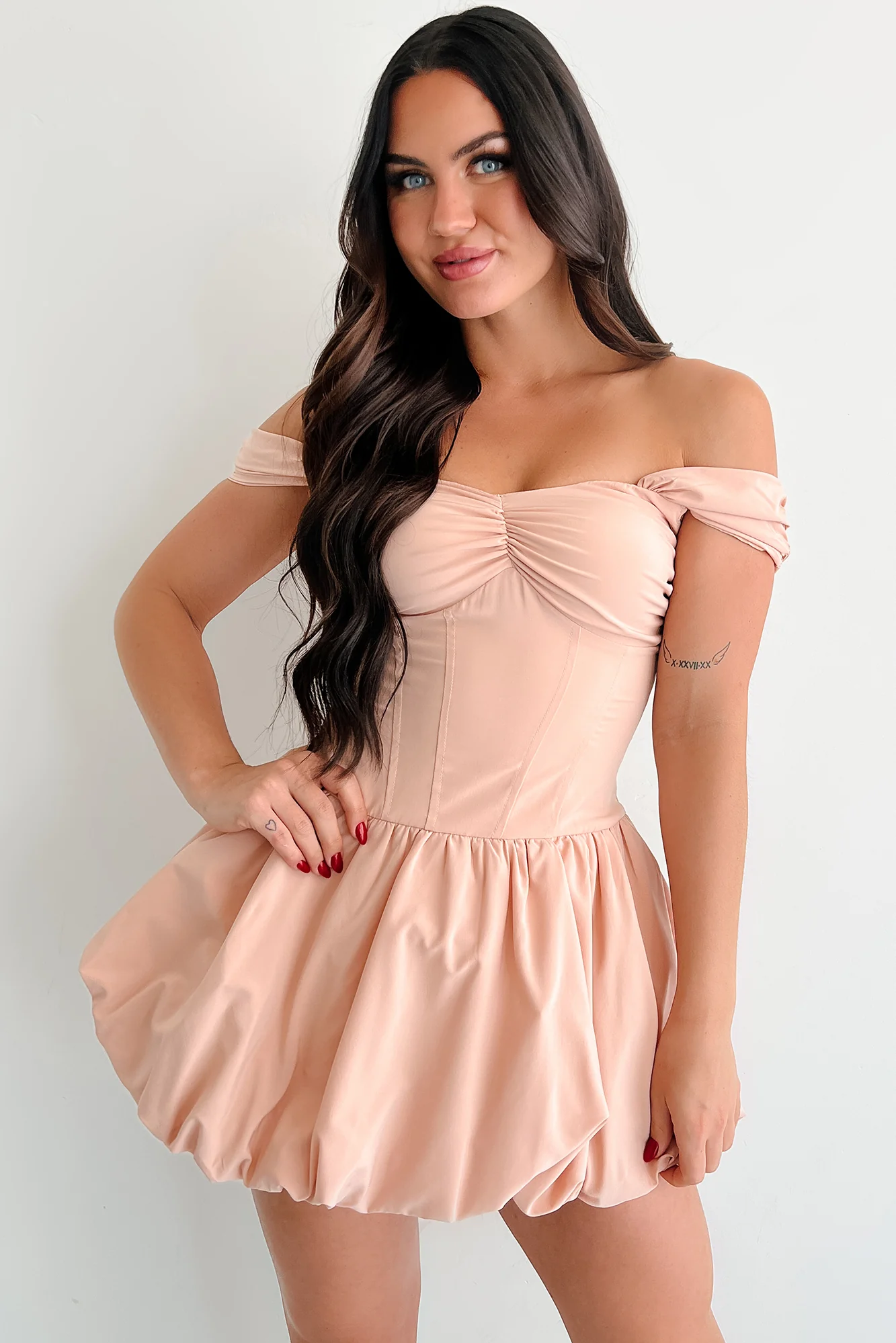 Quiet Hour Off Shoulder Bubble Mini Dress (Warm Peach) - Image 4