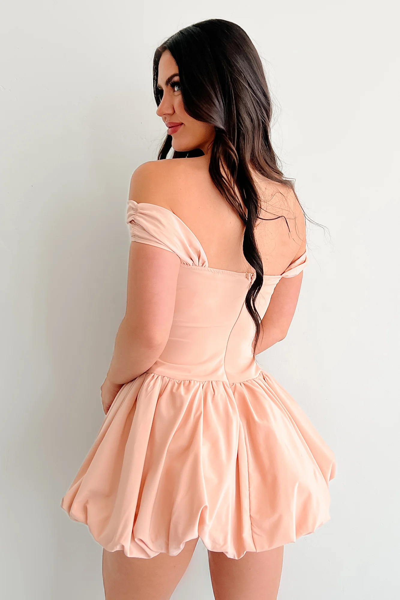 Quiet Hour Off Shoulder Bubble Mini Dress (Warm Peach) - Image 5