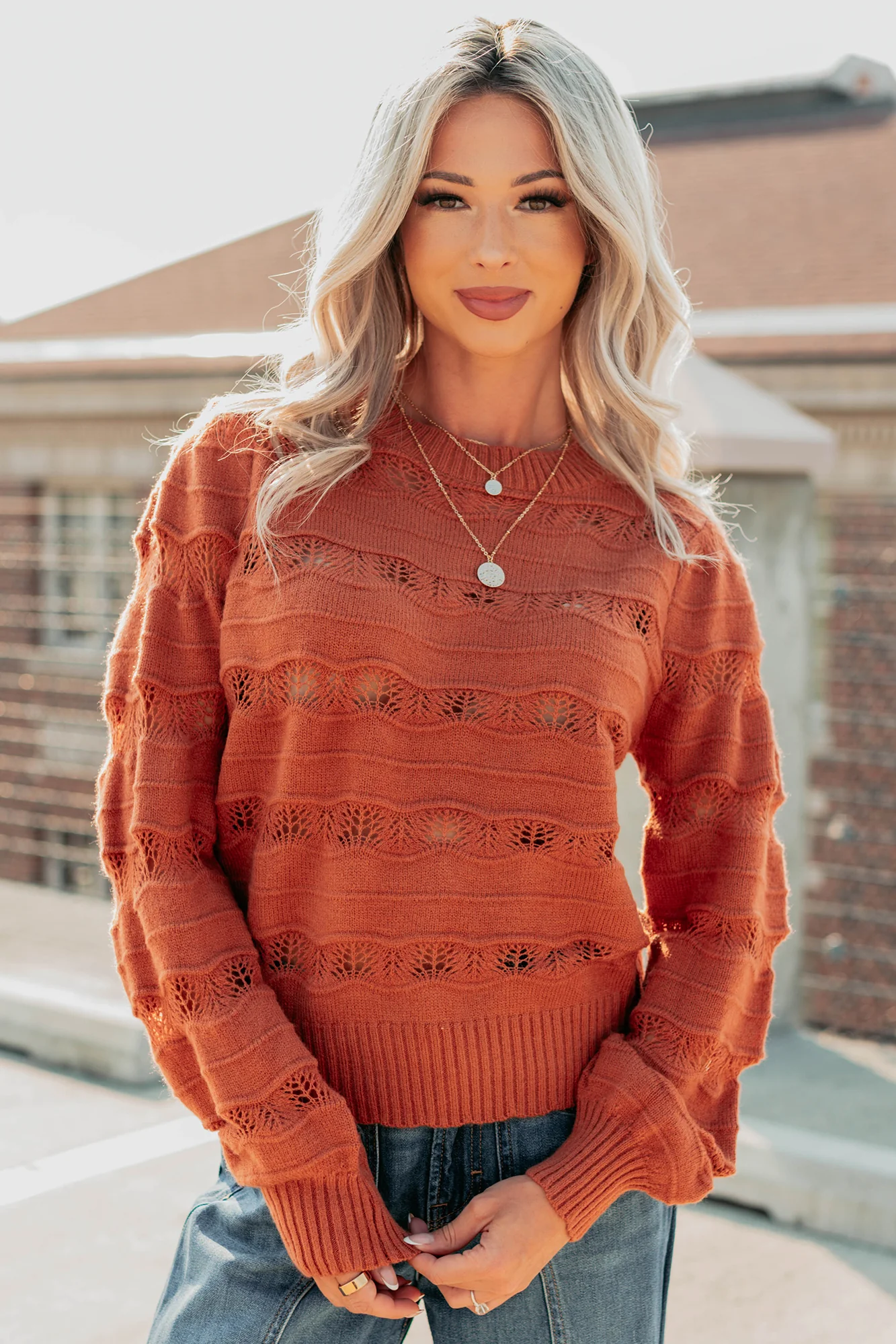 Quiet Mornings Open Knit Detailed Sweater (Terracotta) - Image 2