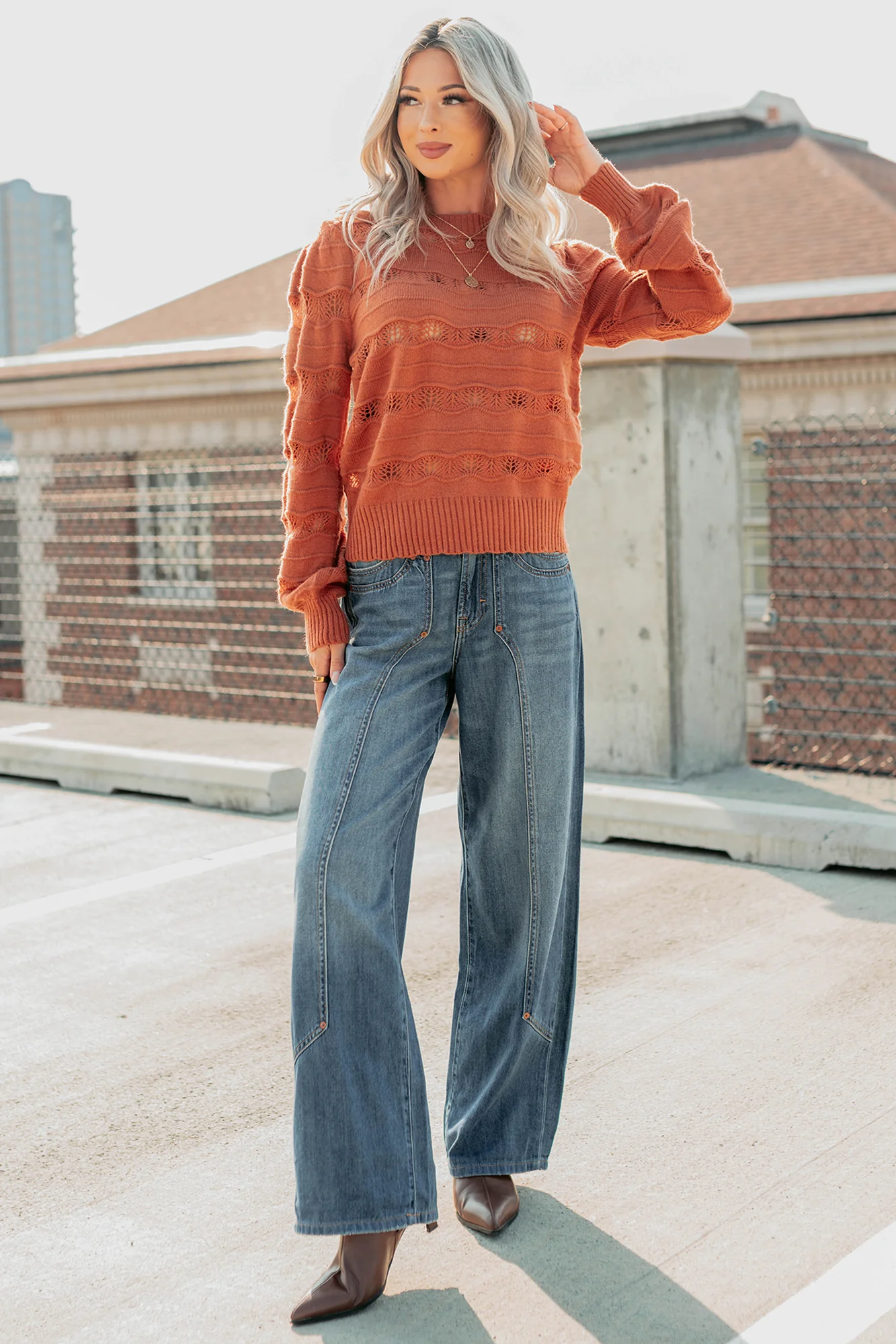 Quiet Mornings Open Knit Detailed Sweater (Terracotta) - Image 5