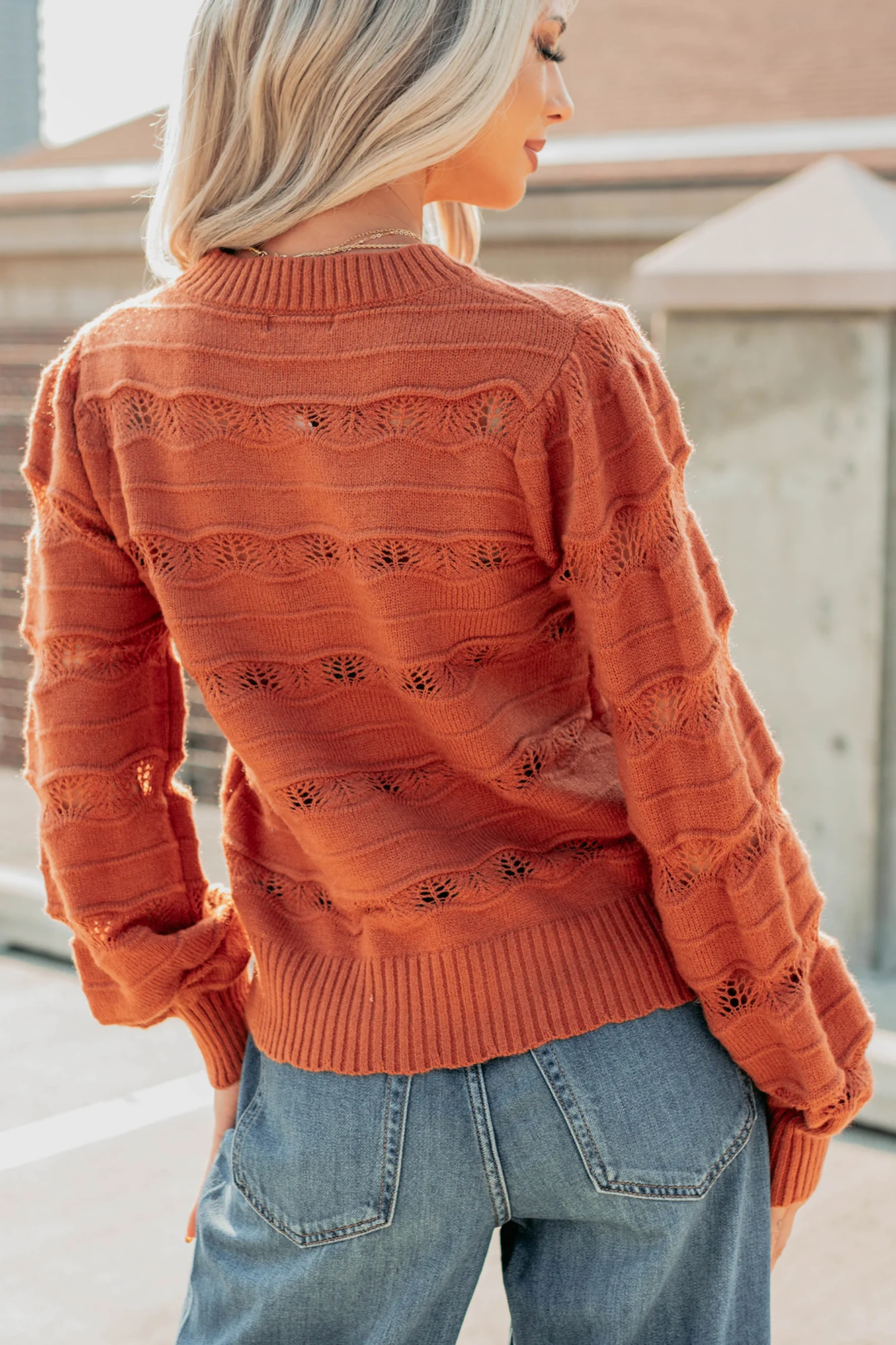Quiet Mornings Open Knit Detailed Sweater (Terracotta) - Image 6