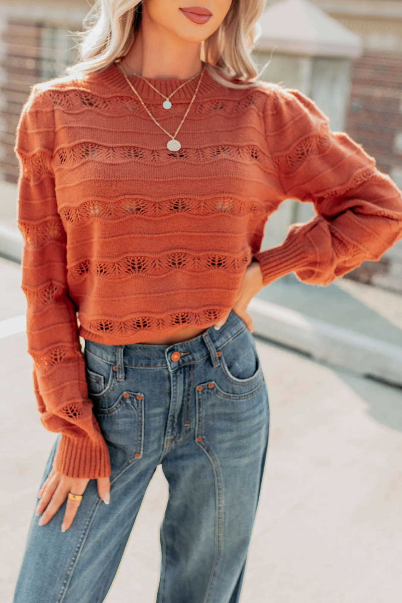 Quiet Mornings Open Knit Detailed Sweater (Terracotta) - Image 8