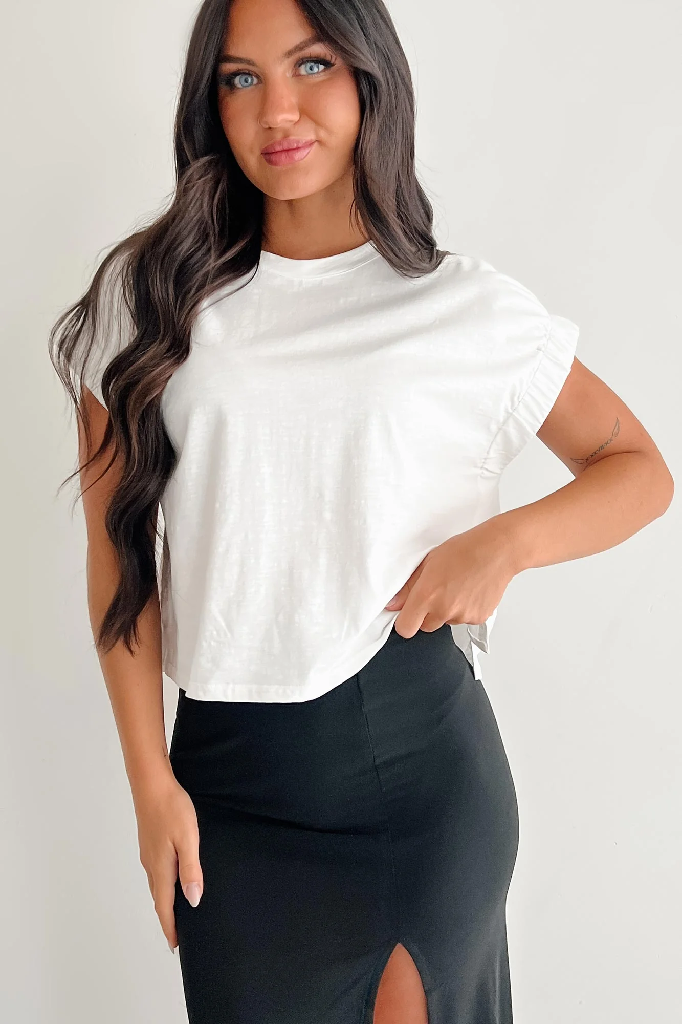Quietly That Girl Elastic Sleeve Top (Off White) - Image 7