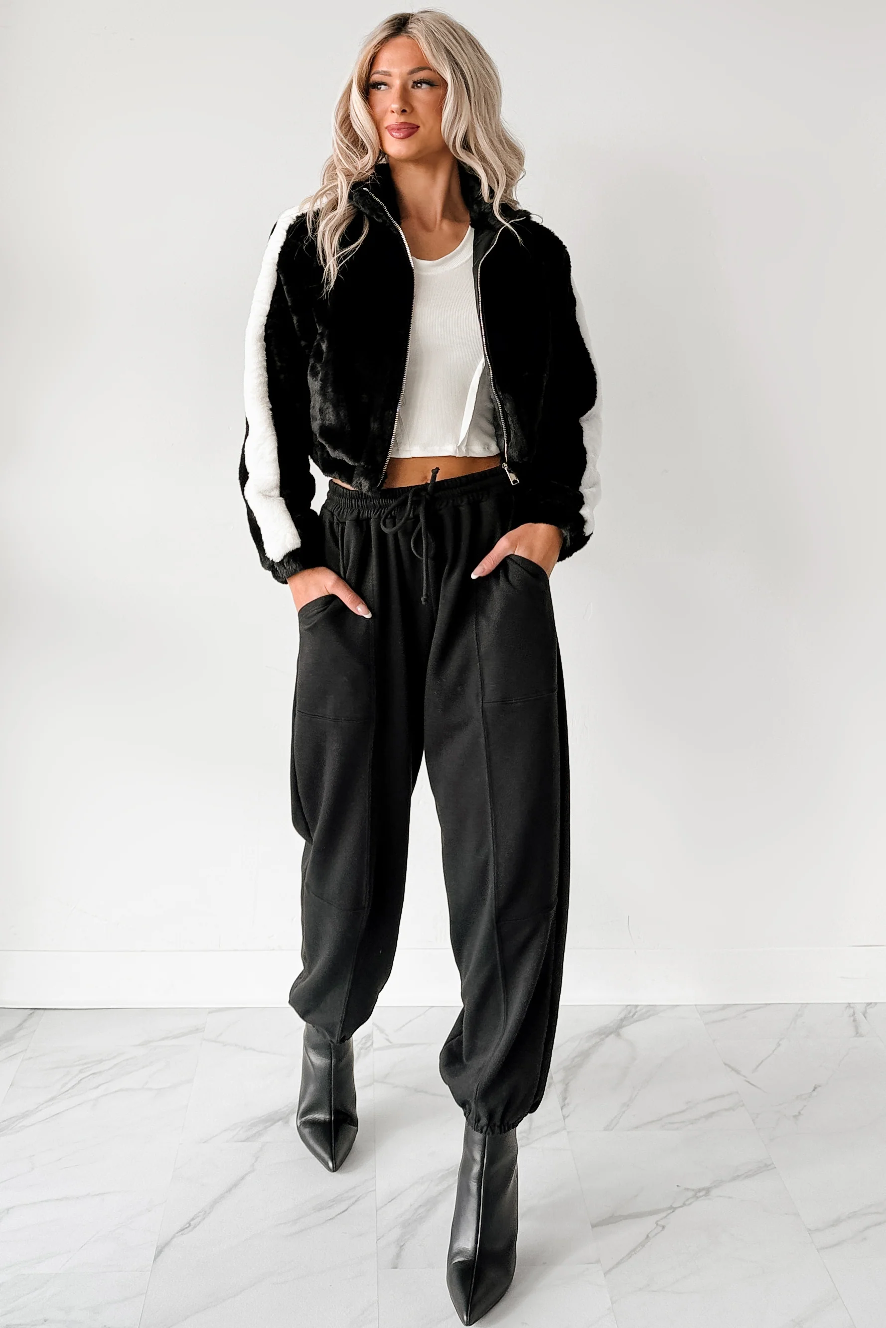 Radiance Rule Faux Fur Cropped Jacket (Black) - Image 3