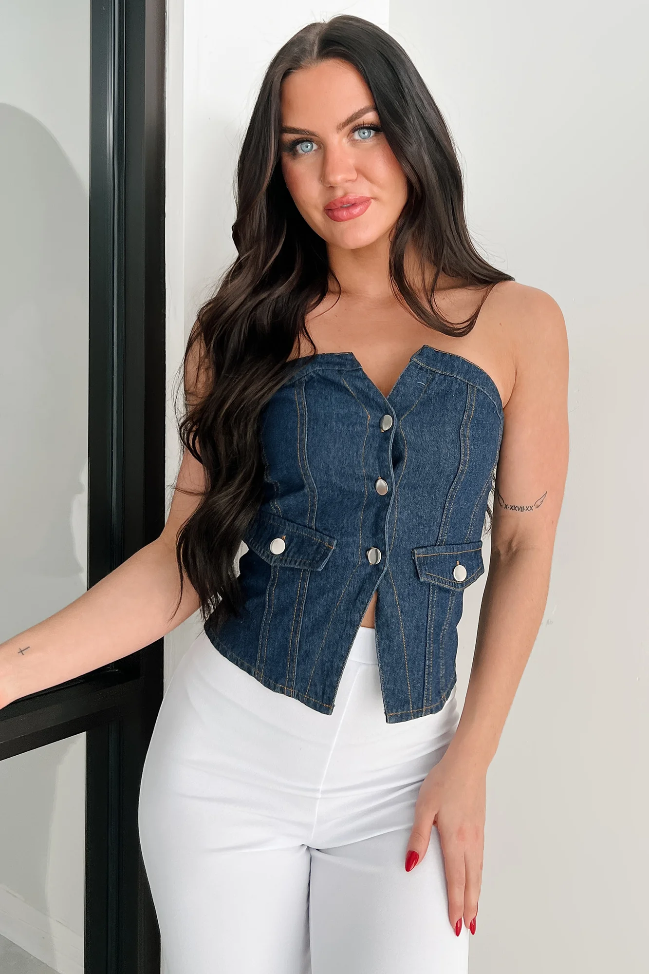 Radiate Strength Strapless Denim Top (Dark) - Image 5