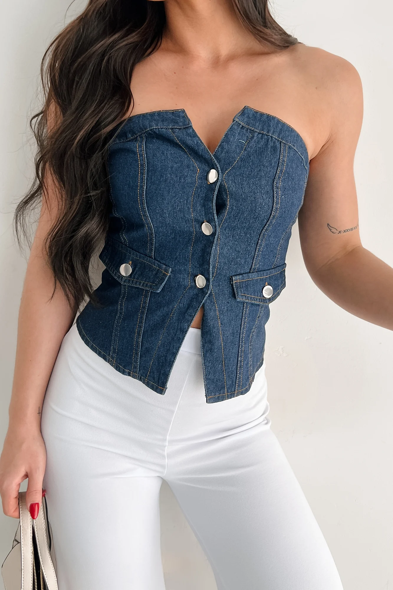 Radiate Strength Strapless Denim Top (Dark) - Image 7