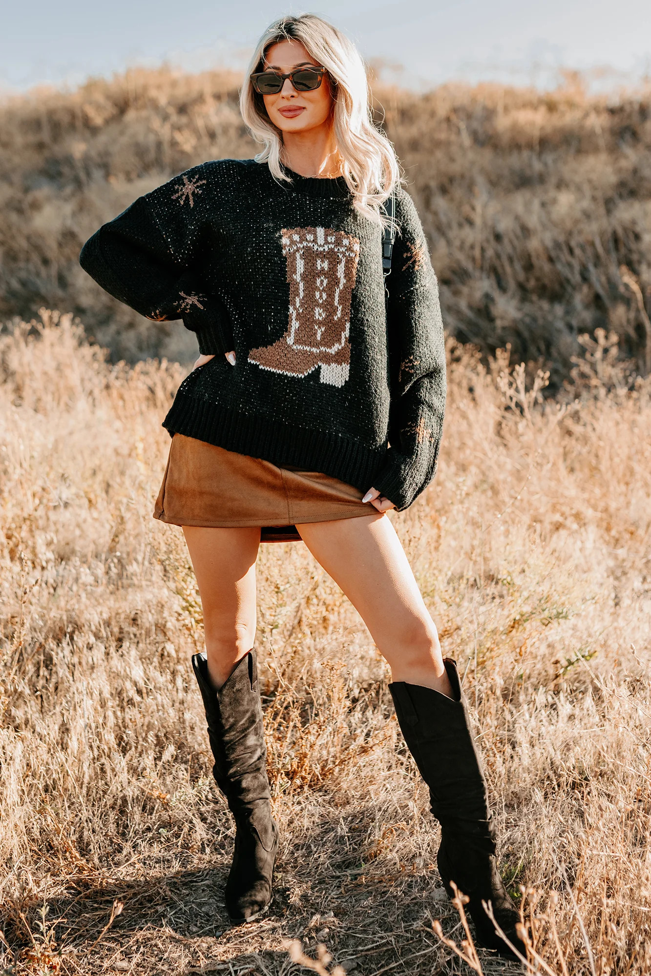 Raised On Rodeo Cowboy Boot Knit Sweater (Black) - Image 5