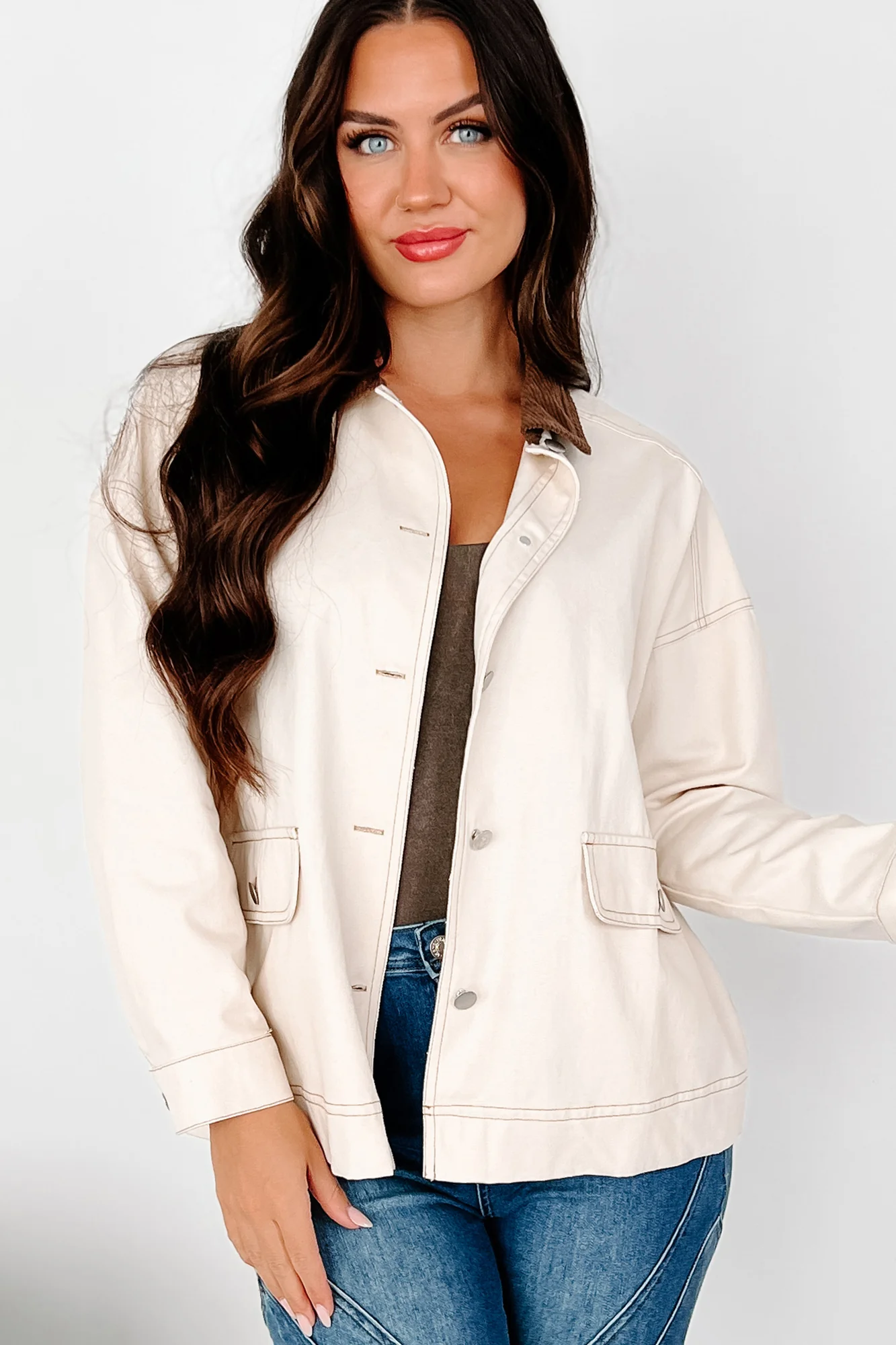 Randy Lightweight Contrast Collar Jacket (Beige/Brown) - Image 3