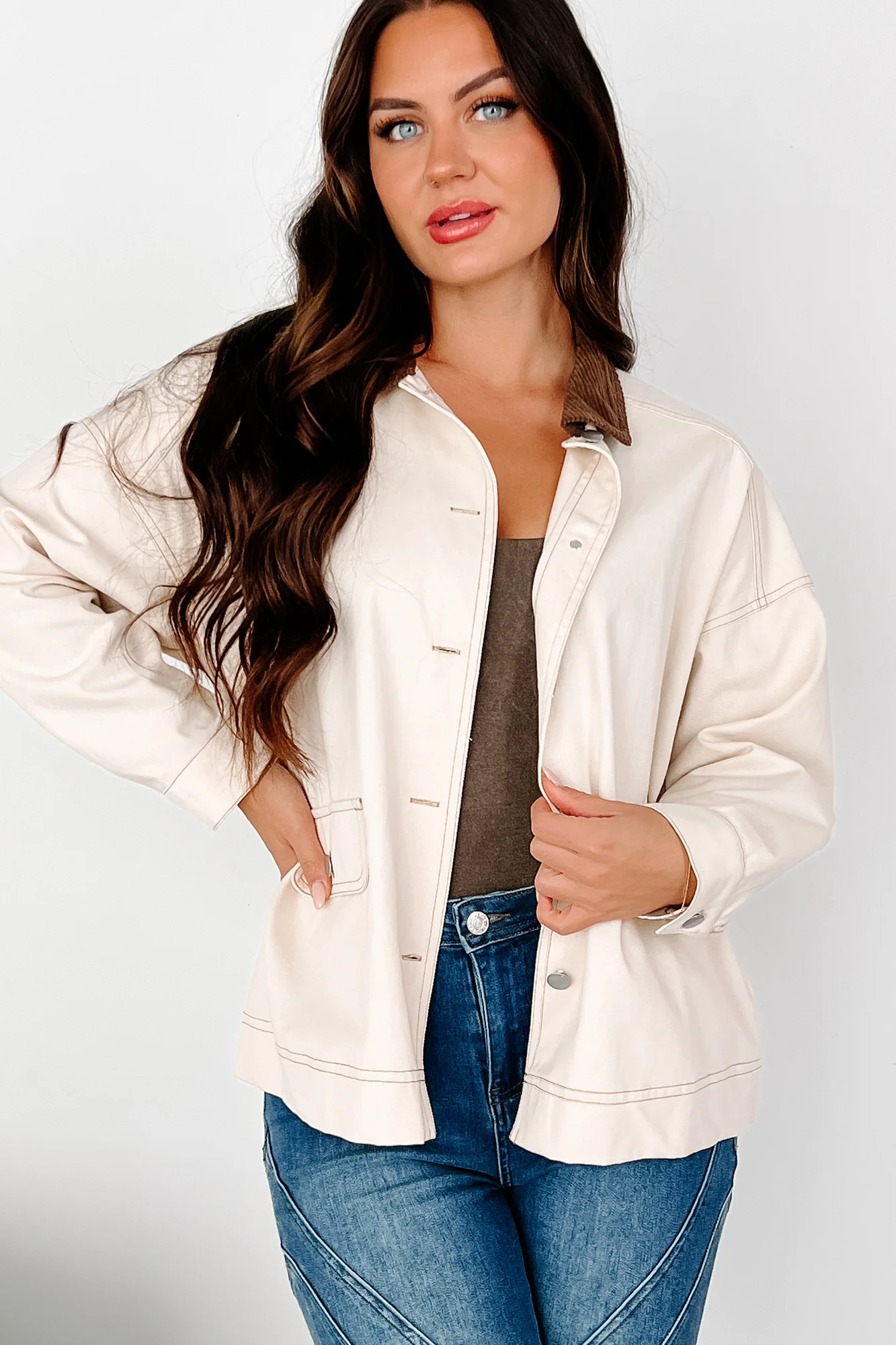 Randy Lightweight Contrast Collar Jacket (Beige/Brown) - Image 9