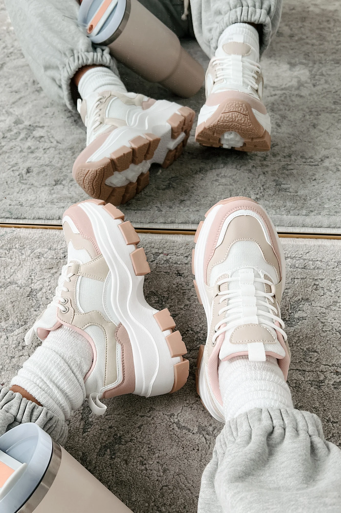 Ready To Bounce Chunky Platform Sneakers (Beige/Pink) - Image 3