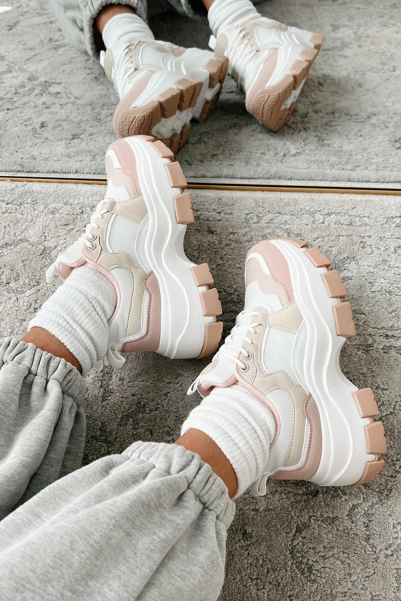 Ready To Bounce Chunky Platform Sneakers (Beige/Pink) - Image 4