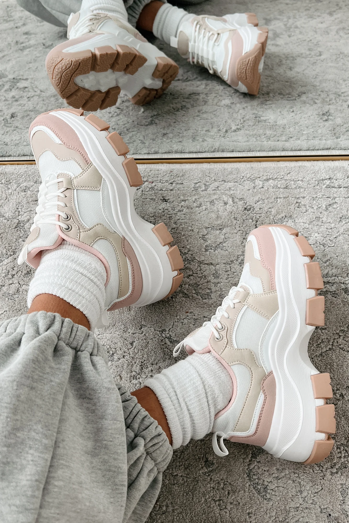 Ready To Bounce Chunky Platform Sneakers (Beige/Pink) - Image 5