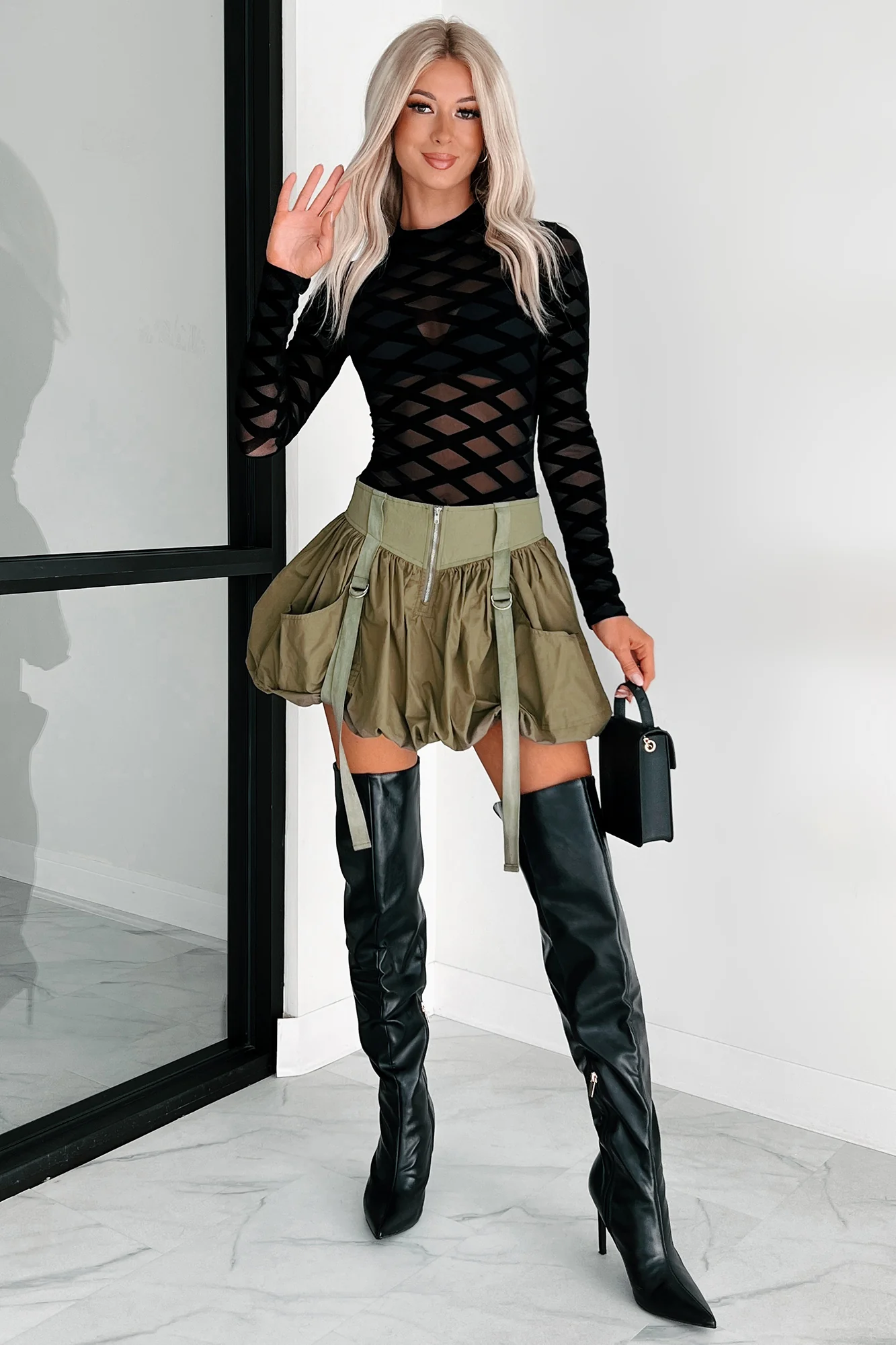 Rebel By Choice Strap Detail Bubble Skirt (Olive) - Image 2