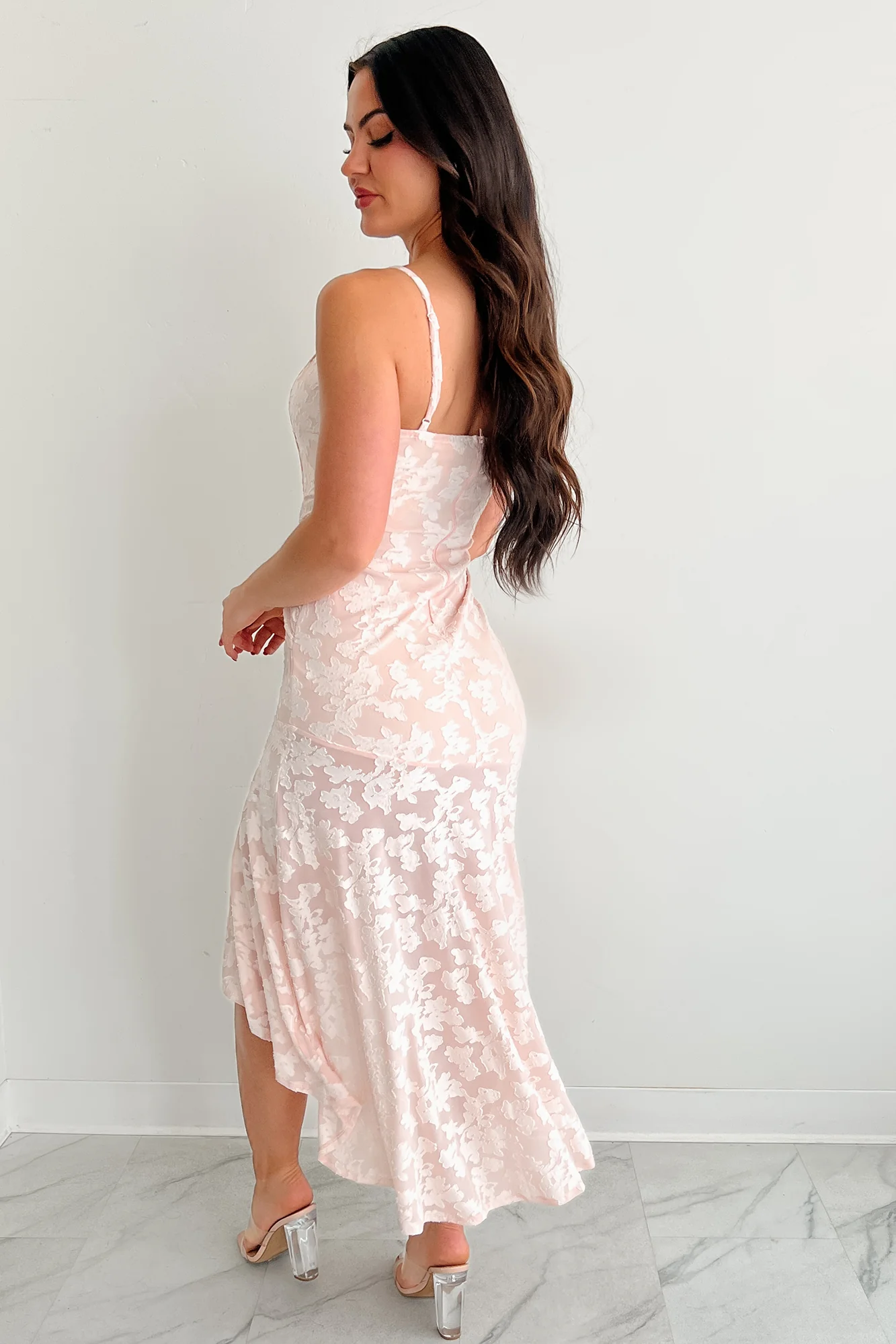 Refined Charm High Low Floral Jacquard Maxi Dress (Blush) - Image 5