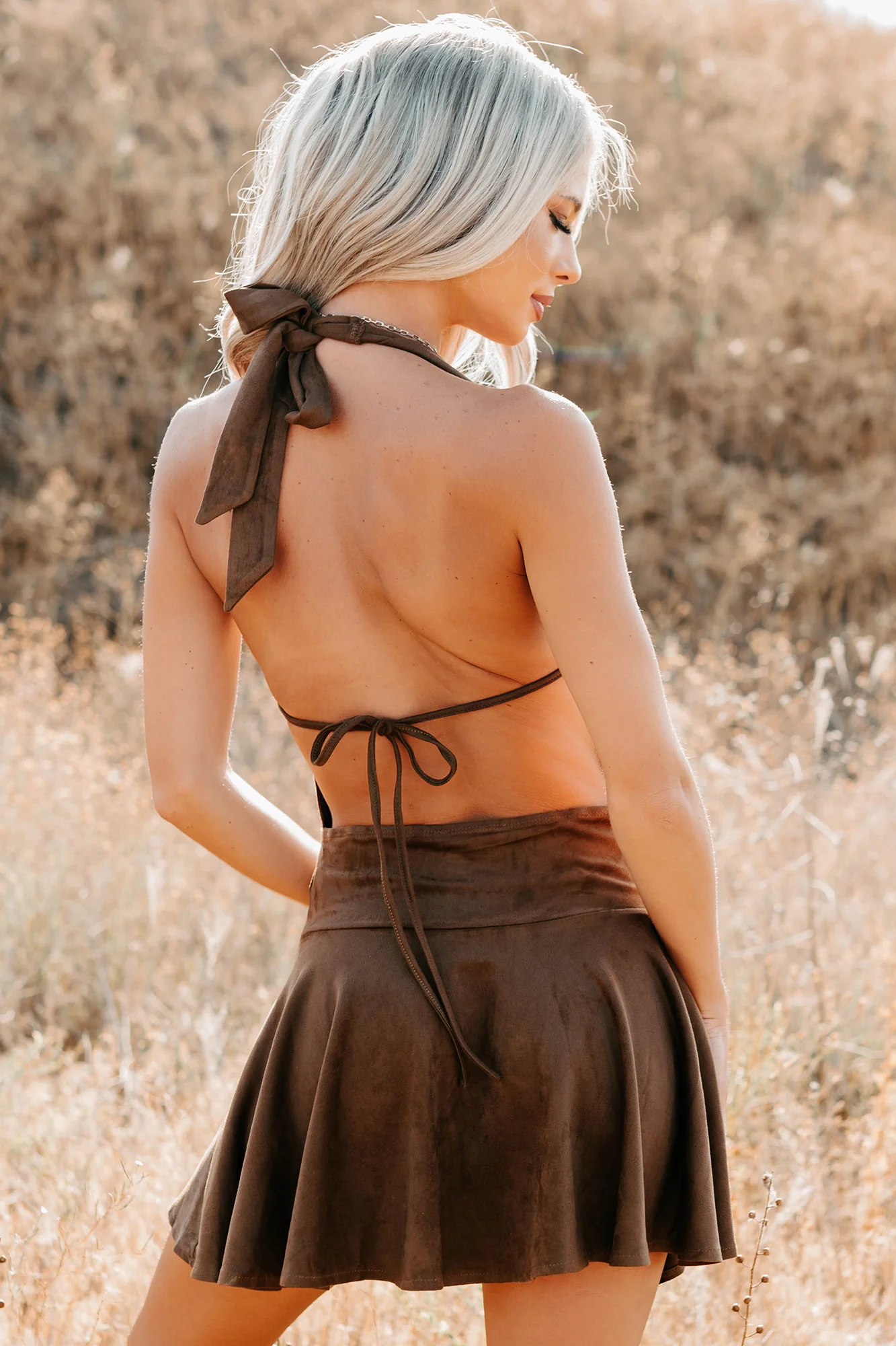 Refined Glow Faux Suede Halter Mini Dress (Chocolate) - Image 11