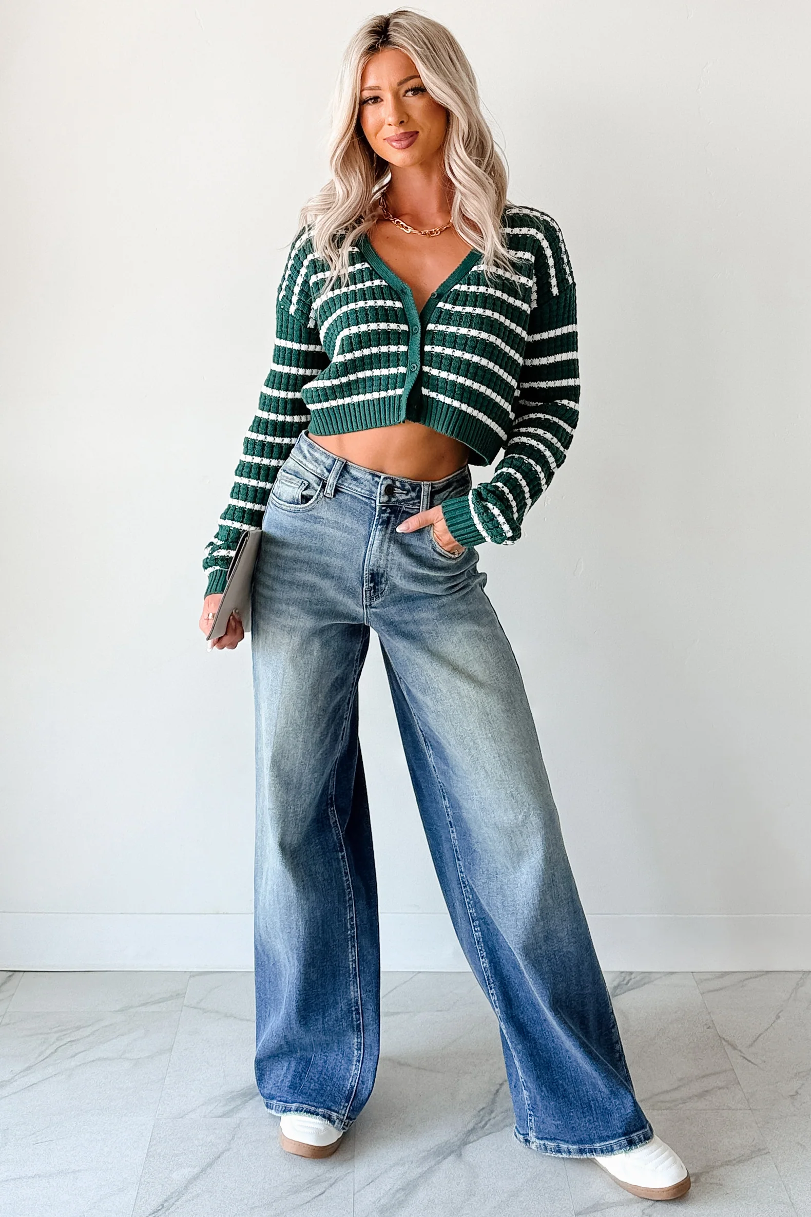 Relax & Flow Striped V Neck Cardigan Top (Dark Green/White) - Image 2