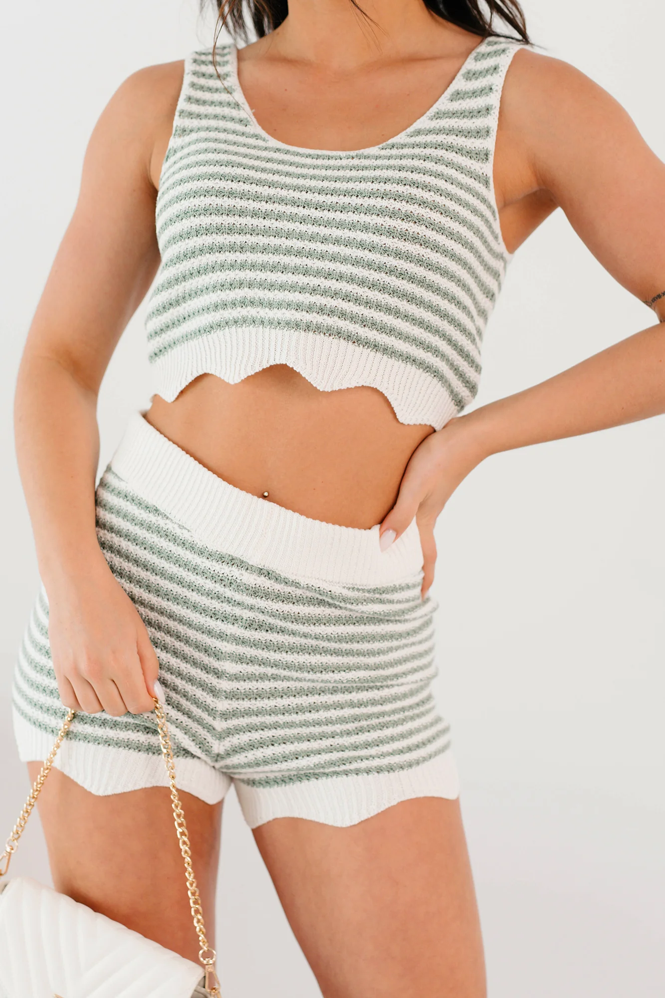 Relaxed Rhythm Striped Crop Top & Shorts Set (Sage) - Image 6