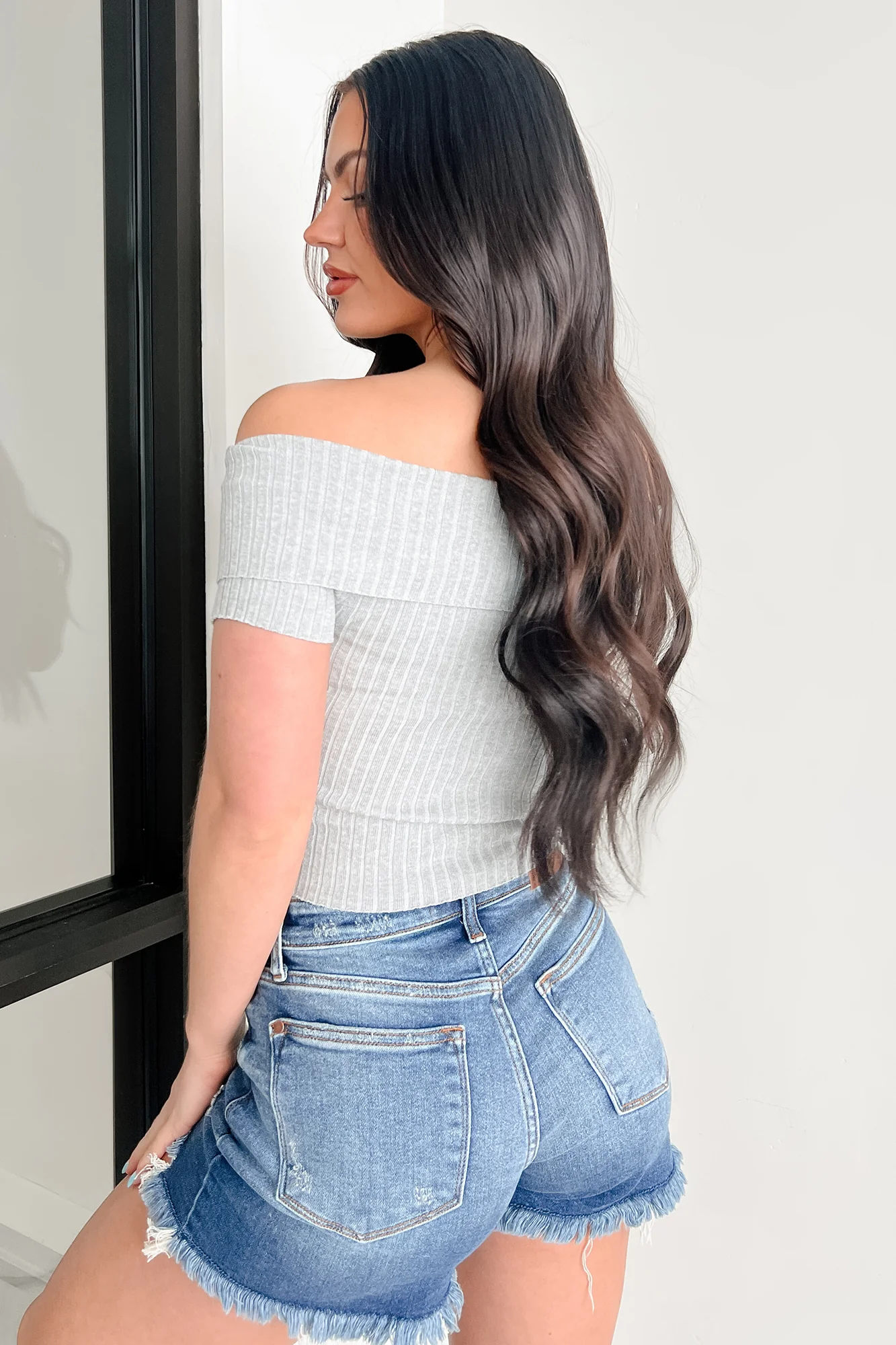 Relaxed Yet Refined Off Shoulder Zip-Up Top (Heather Grey) - Image 6