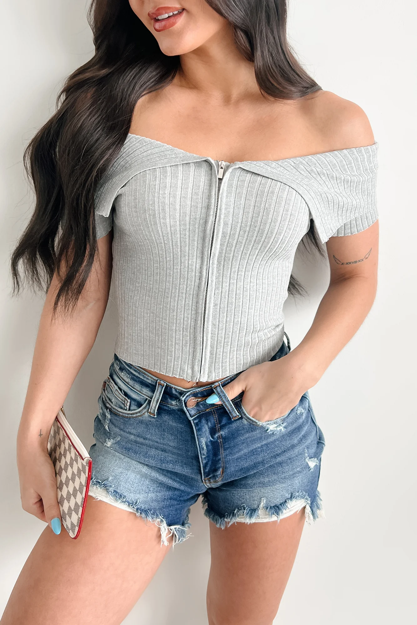 Relaxed Yet Refined Off Shoulder Zip-Up Top (Heather Grey) - Image 8
