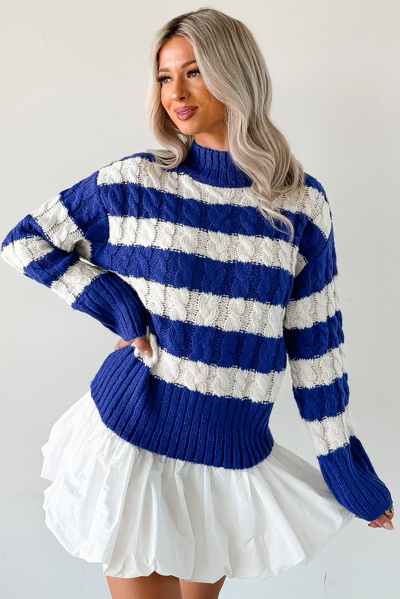 Restful Rhythm Cable Knit Striped Sweater (Royal) - Image 2