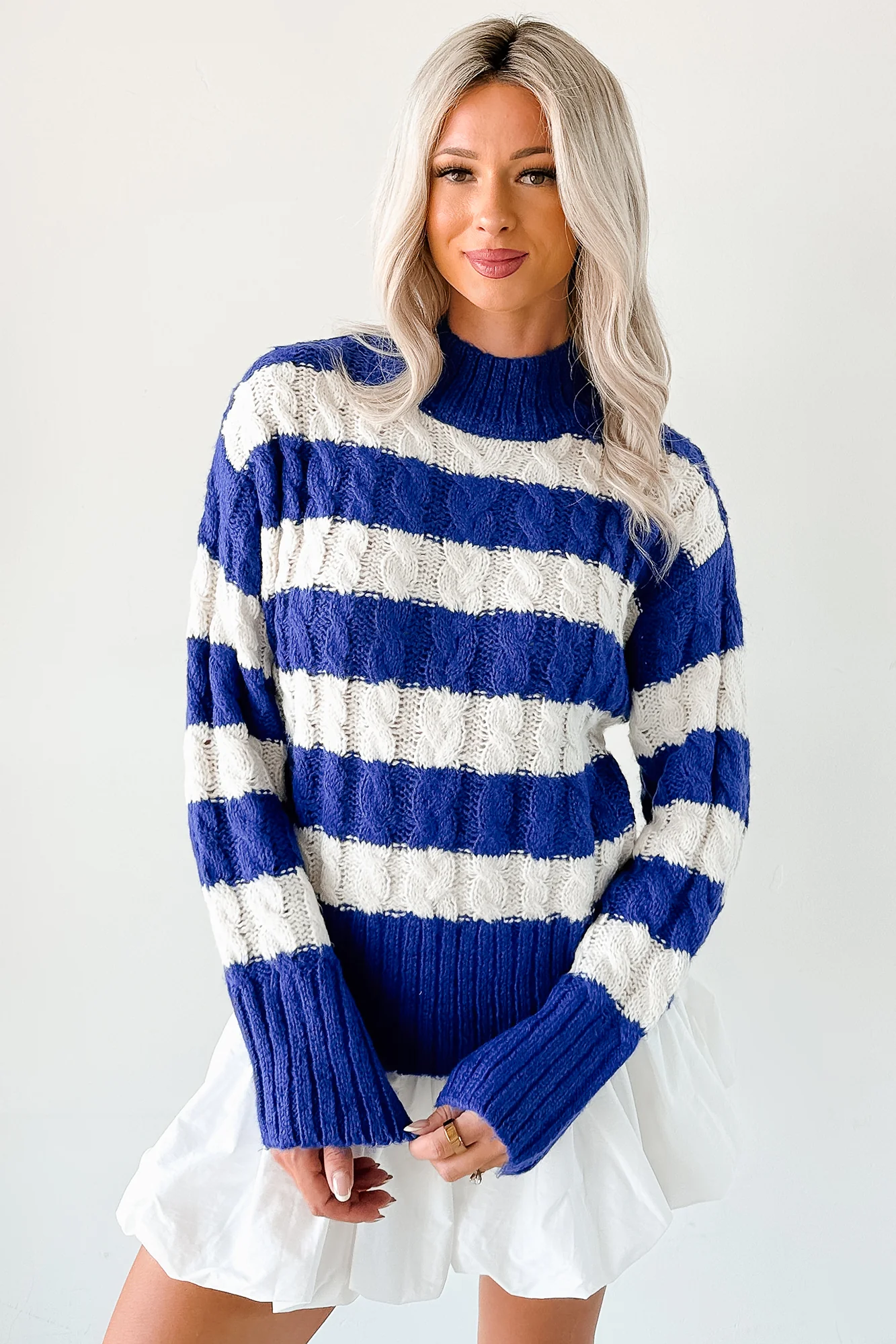 Restful Rhythm Cable Knit Striped Sweater (Royal) - Image 4
