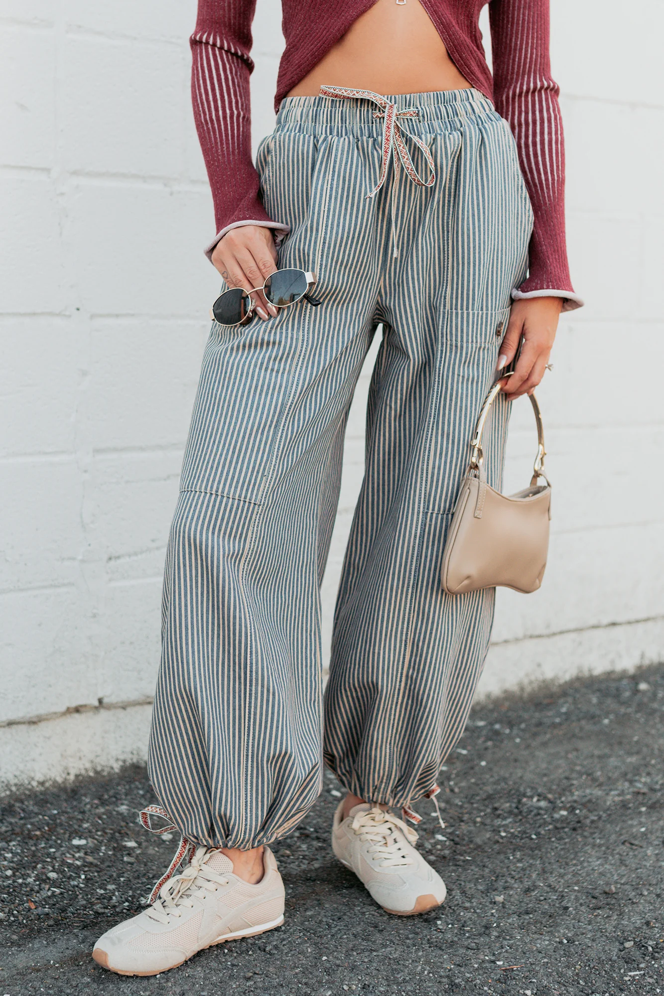 Restless Heart Striped Wide Leg Drawstring Pants (Latte) - Image 8