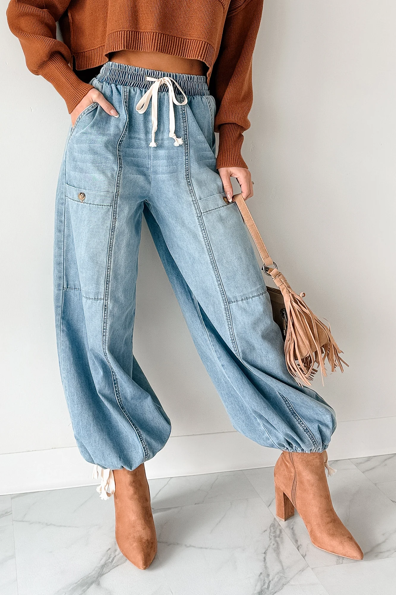 Restless Soul Denim Wide Leg Drawstring Pants (Light) - Image 2