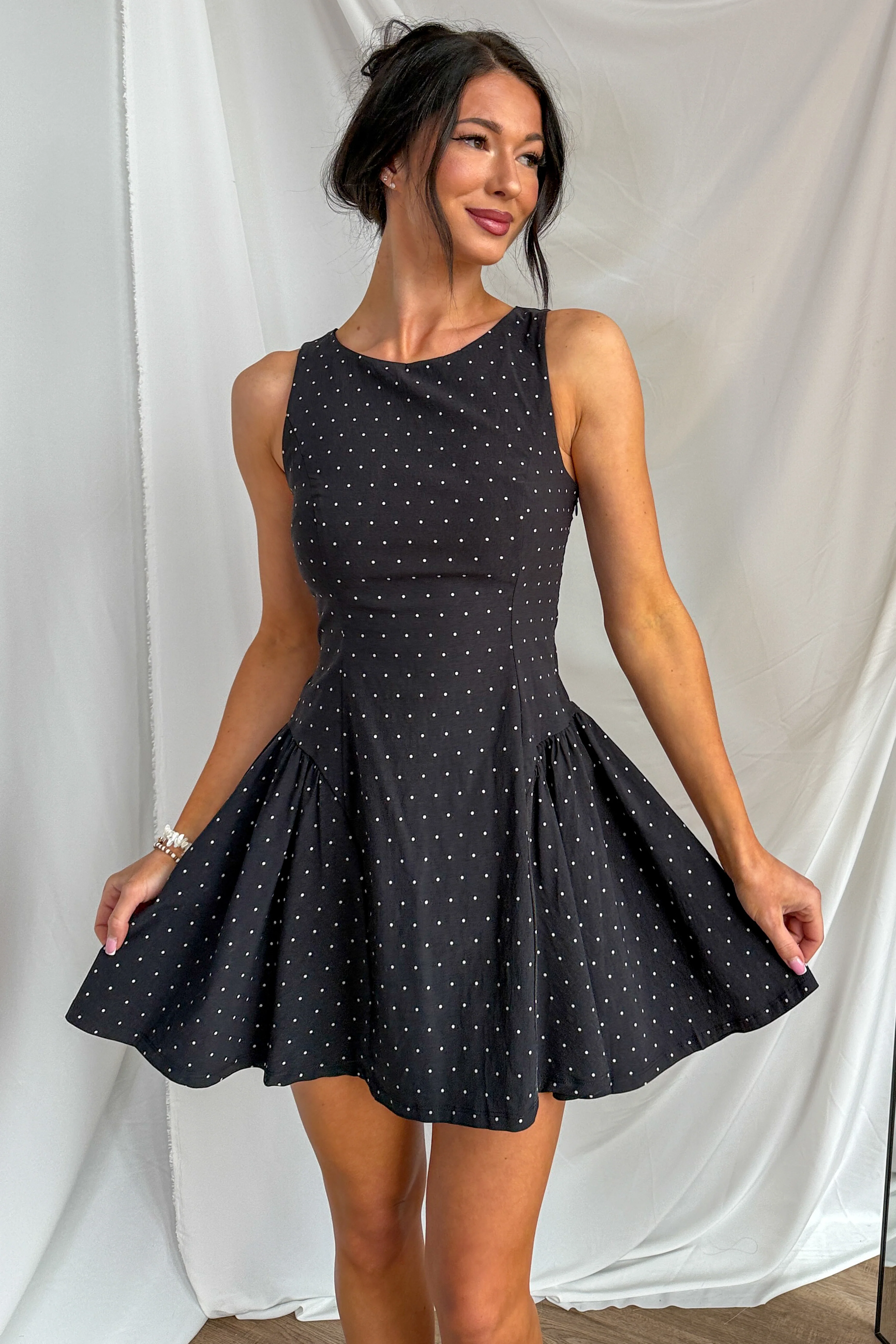 Retro Casual Polka Dot Flare Skirt Mini Dress (Black/White) - Image 5