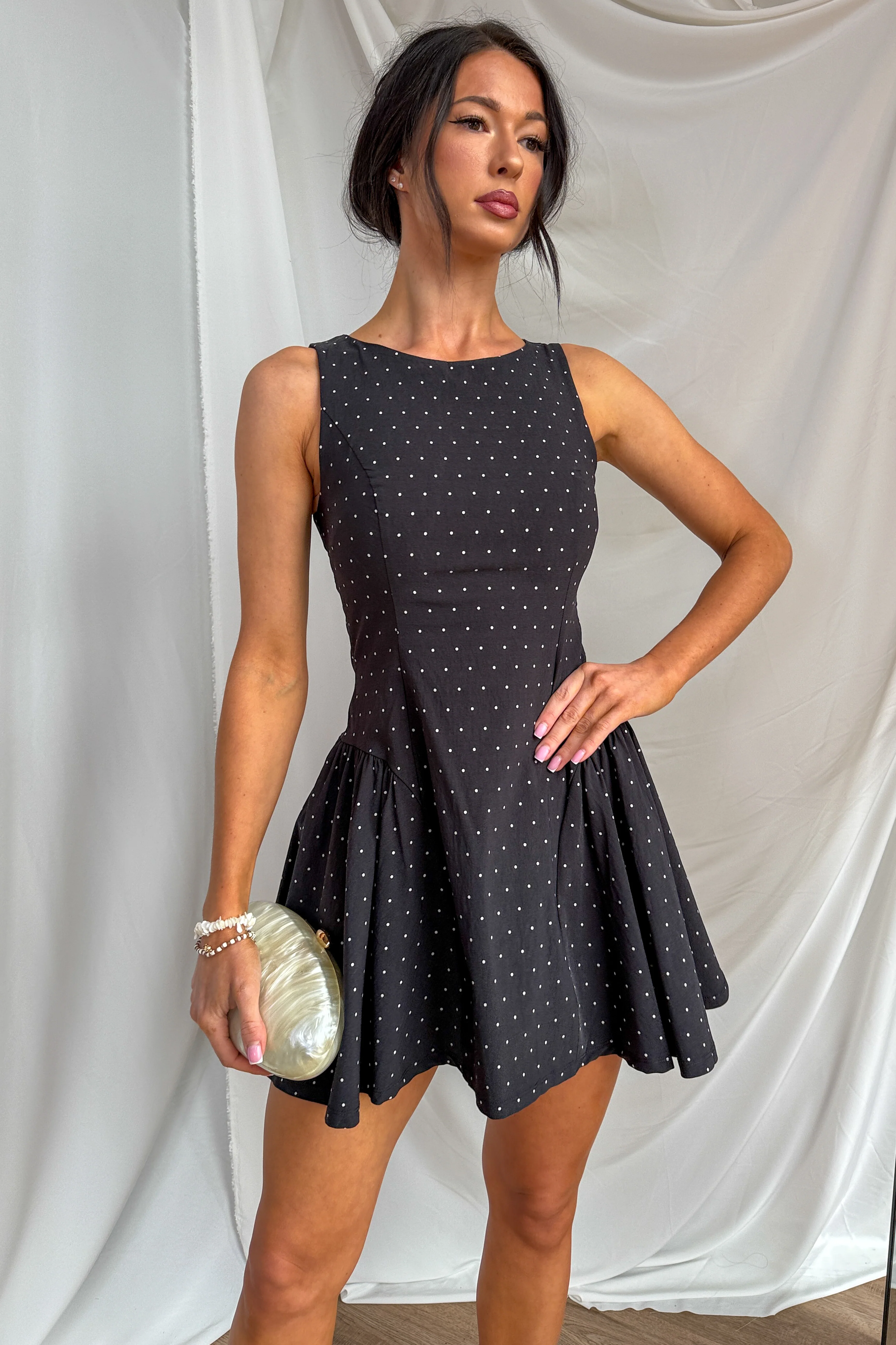 Retro Casual Polka Dot Flare Skirt Mini Dress (Black/White) - Image 6