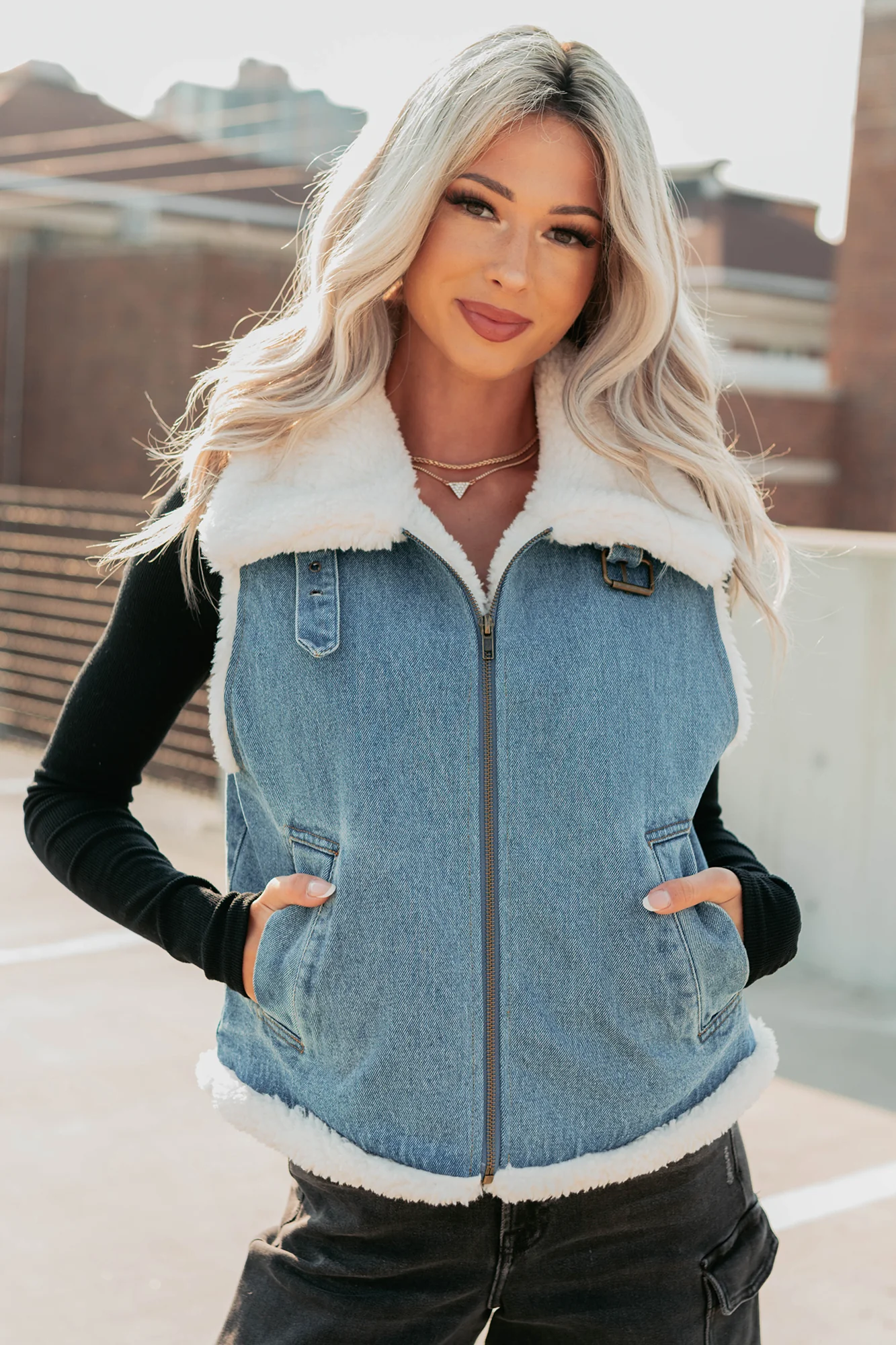 Rewriting Myself Sherpa Denim Vest (Medium Wash) - Image 5