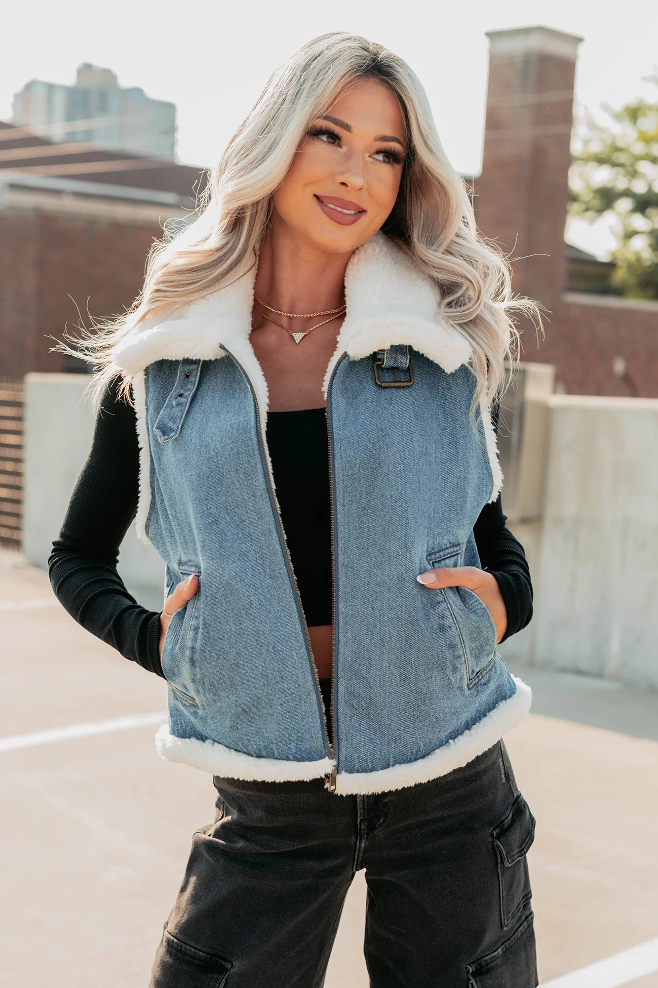 Rewriting Myself Sherpa Denim Vest (Medium Wash) - Image 9