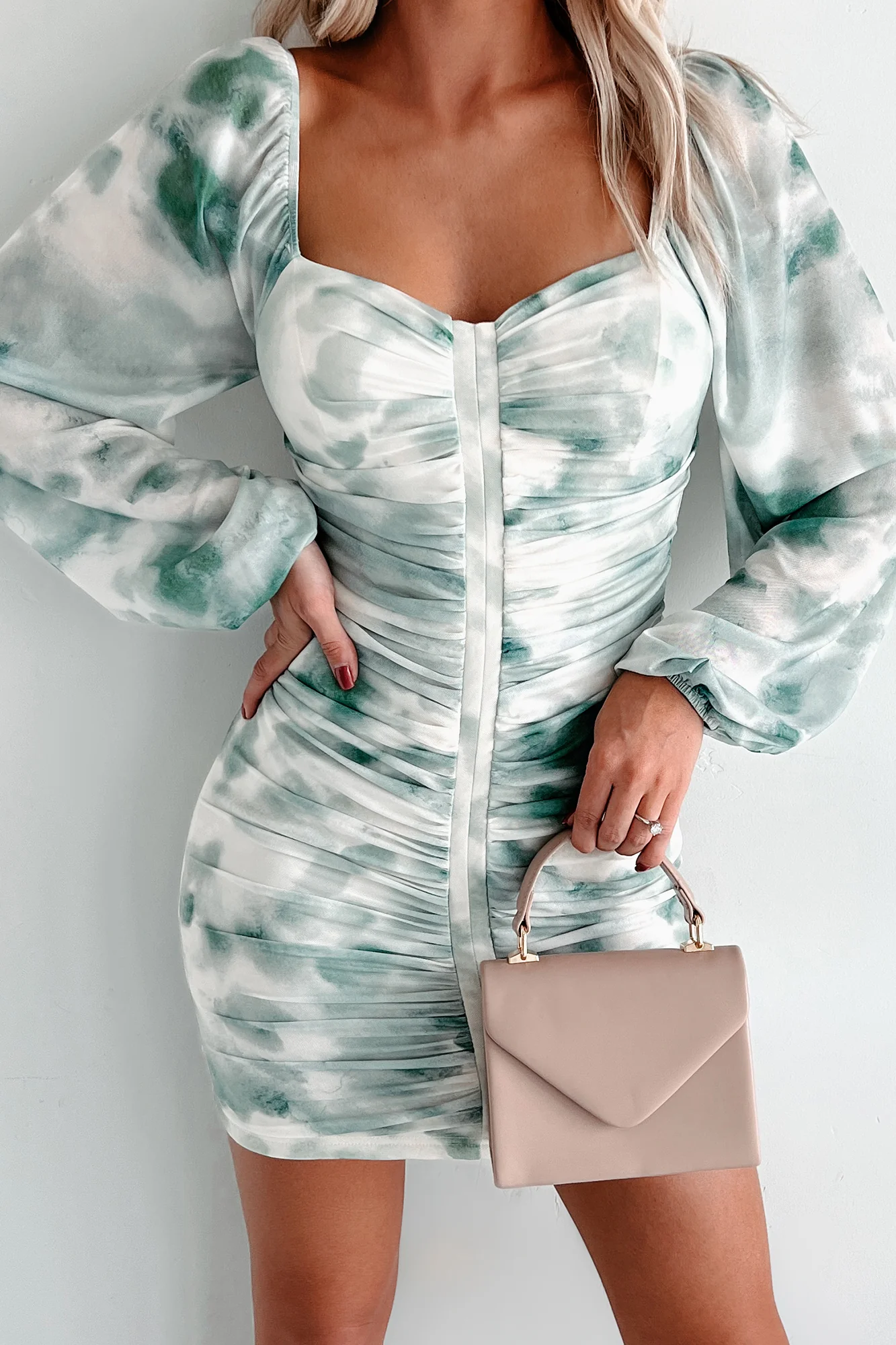 DOORBUSTER Rewriting The Rules Ruched Mesh Bodycon Dress (Jade Green) - Image 6