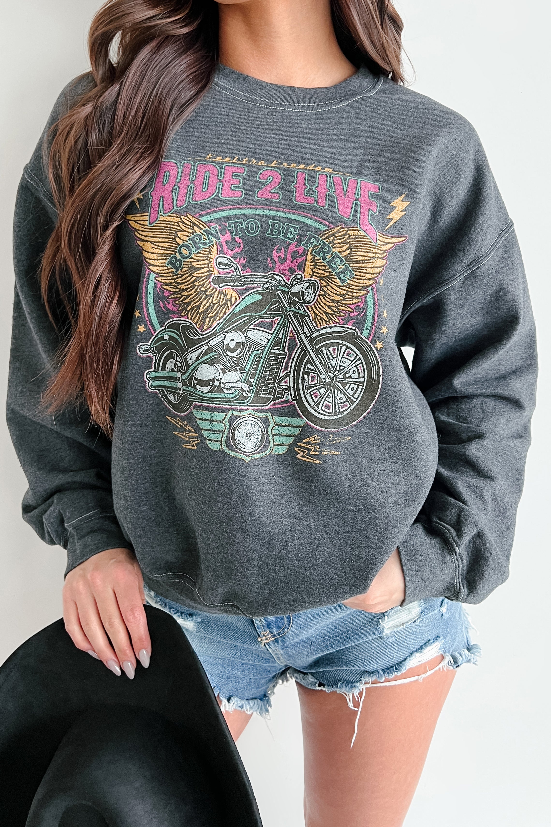 "Ride 2 Live" Graphic Sweatshirt (Washed Black) - Image 3