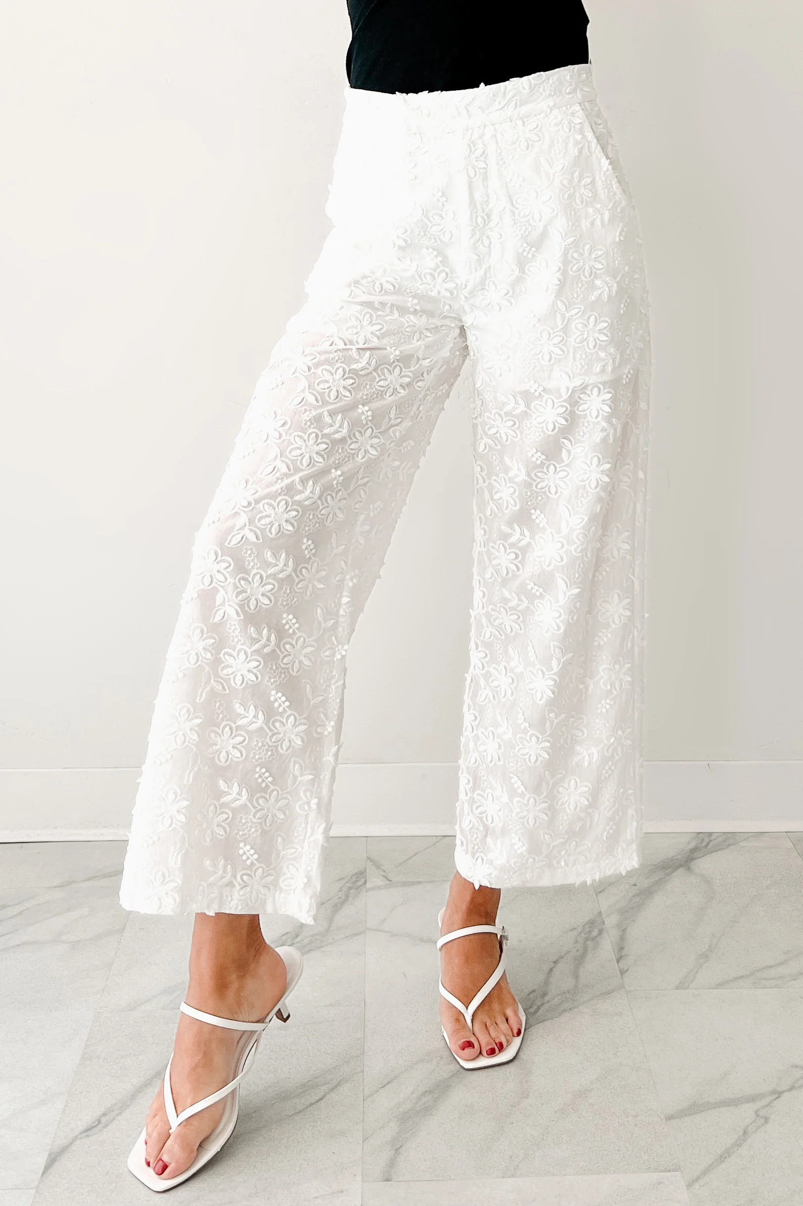 Rise & Shine Floral Embroidered Wide Leg Pants (White) - Image 3
