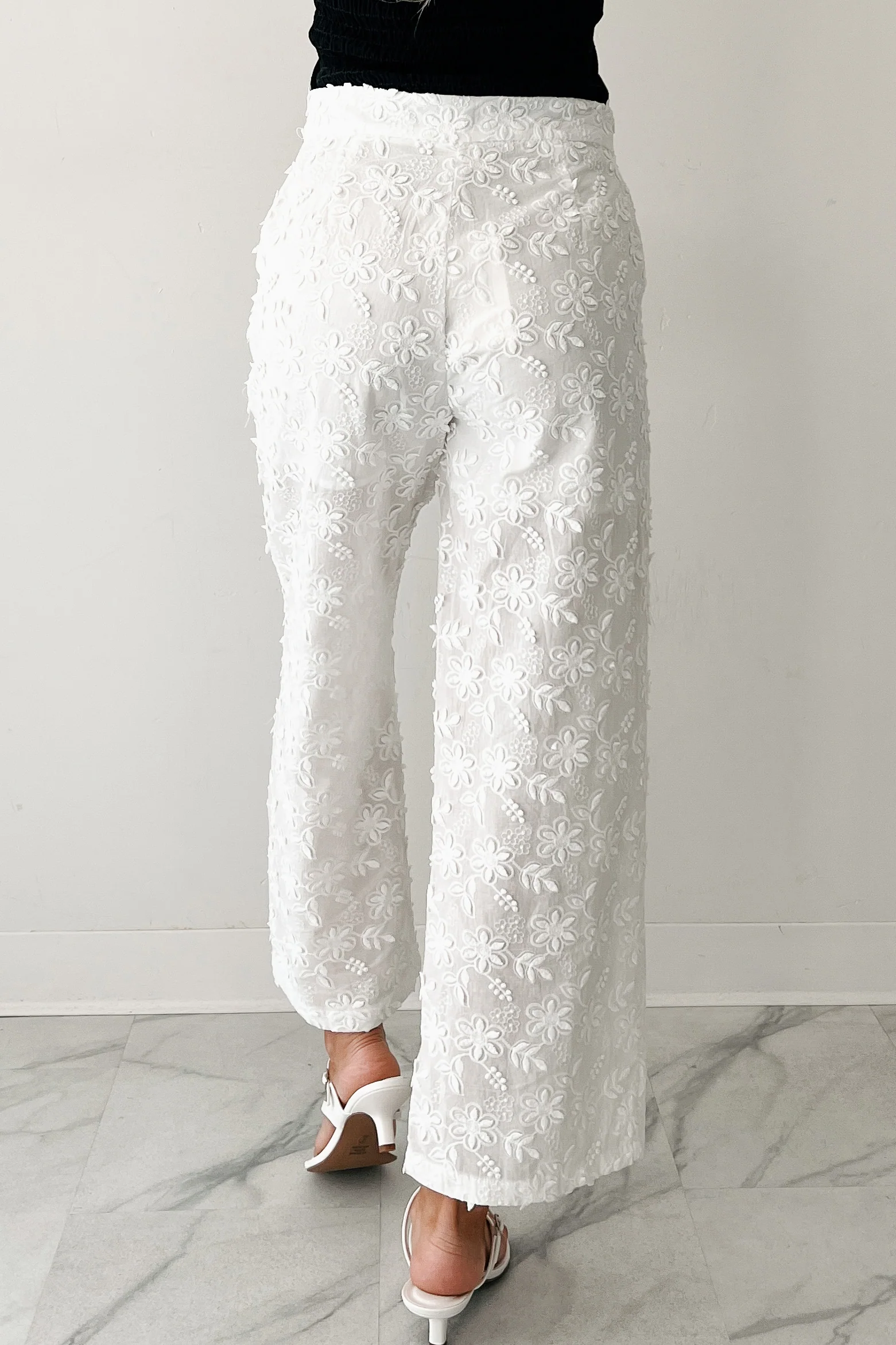 Rise & Shine Floral Embroidered Wide Leg Pants (White) - Image 4