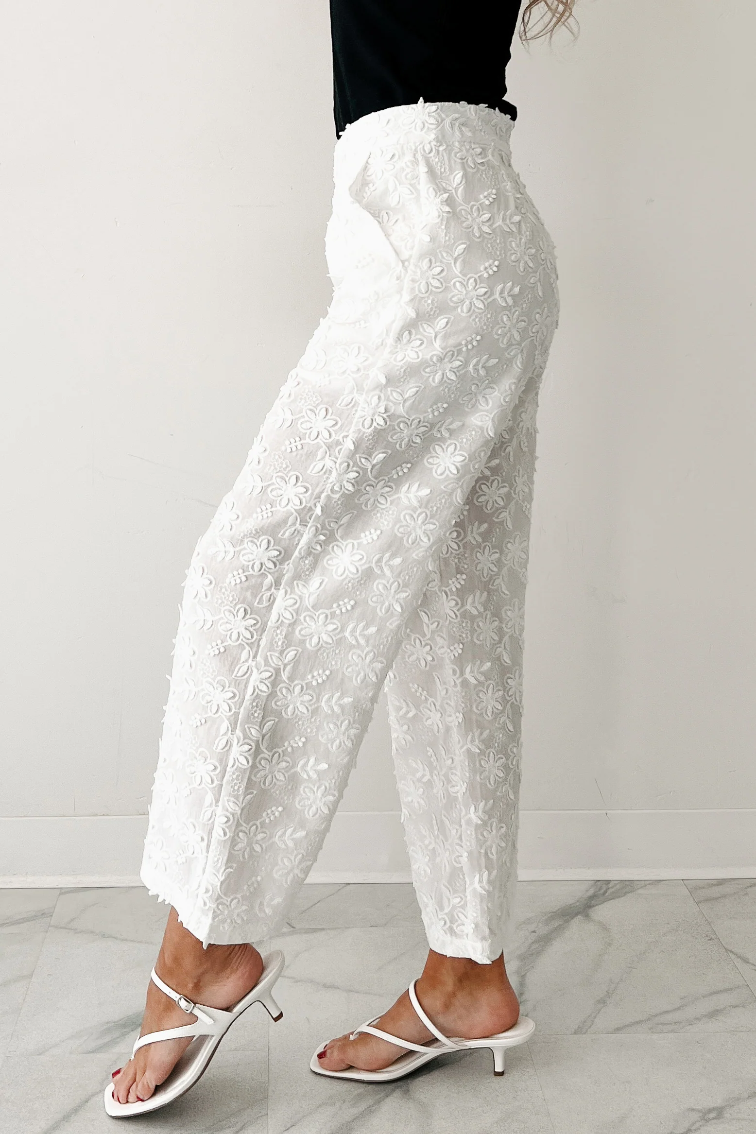 Rise & Shine Floral Embroidered Wide Leg Pants (White) - Image 5