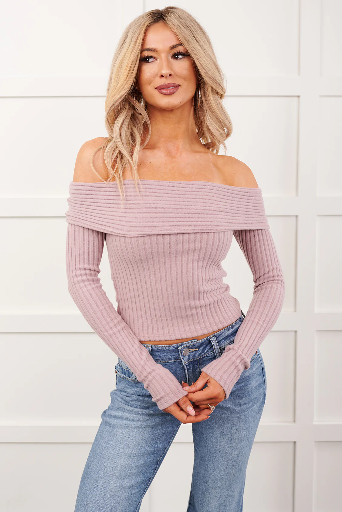 Risk It All Off-The Shoulder Ribbed Top (Elderberry) - Image 4