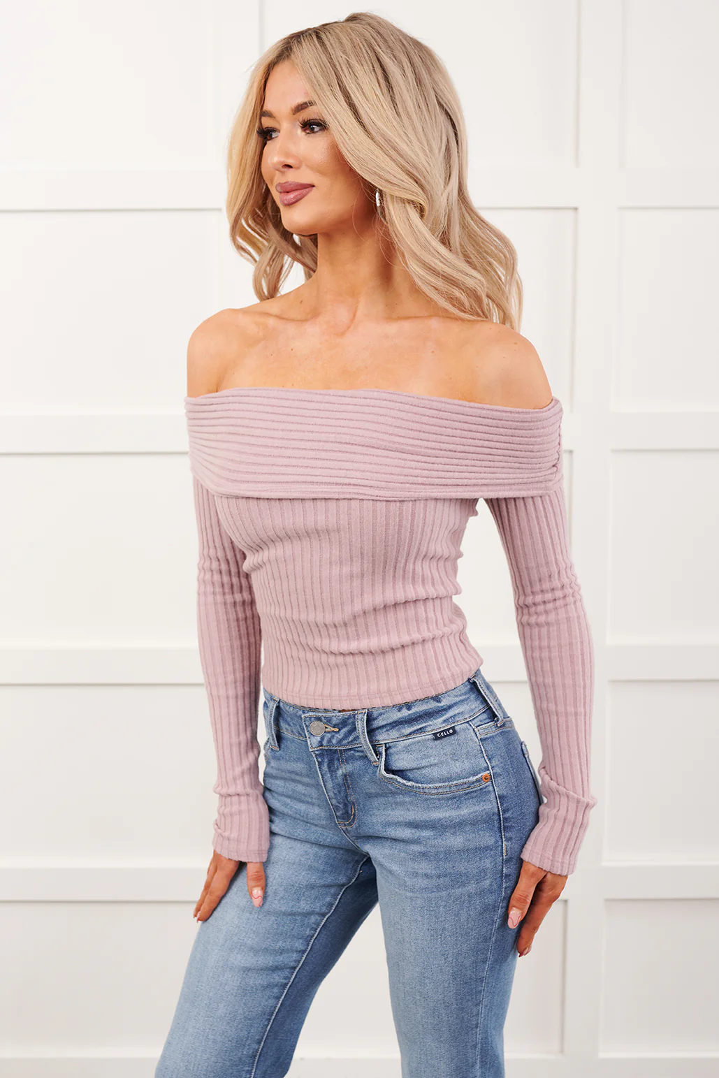 Risk It All Off-The Shoulder Ribbed Top (Elderberry) - Image 5