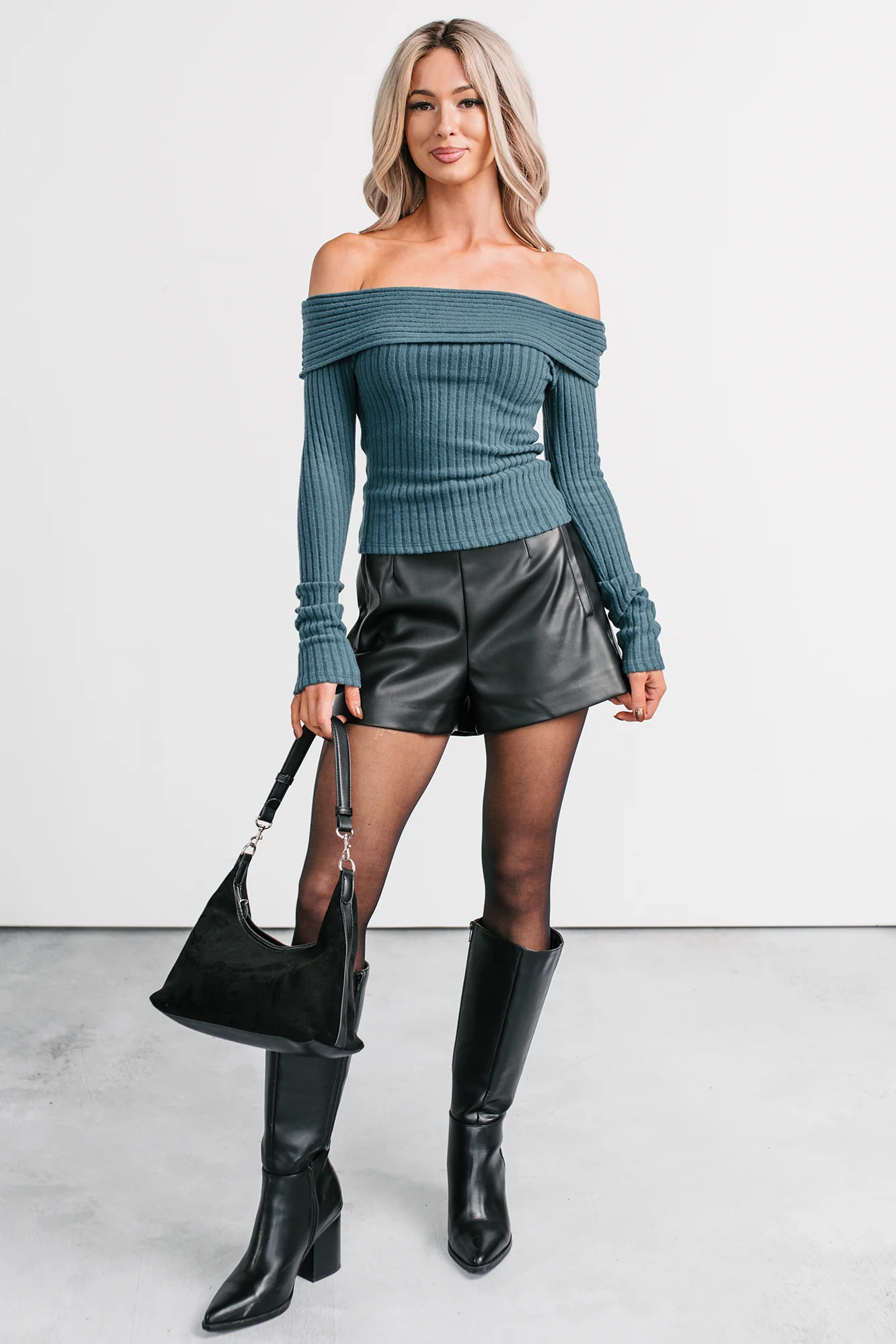 Risk It All Off-The Shoulder Ribbed Top (Sea Moss) - Image 2
