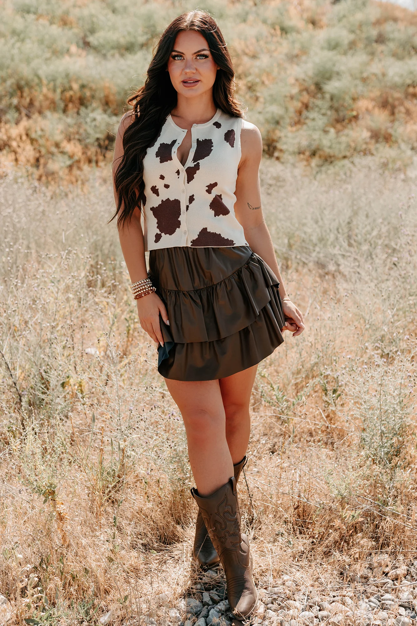 Rodeo Glow Sleeveless Cow Print Top (Beige/Brown) - Image 3