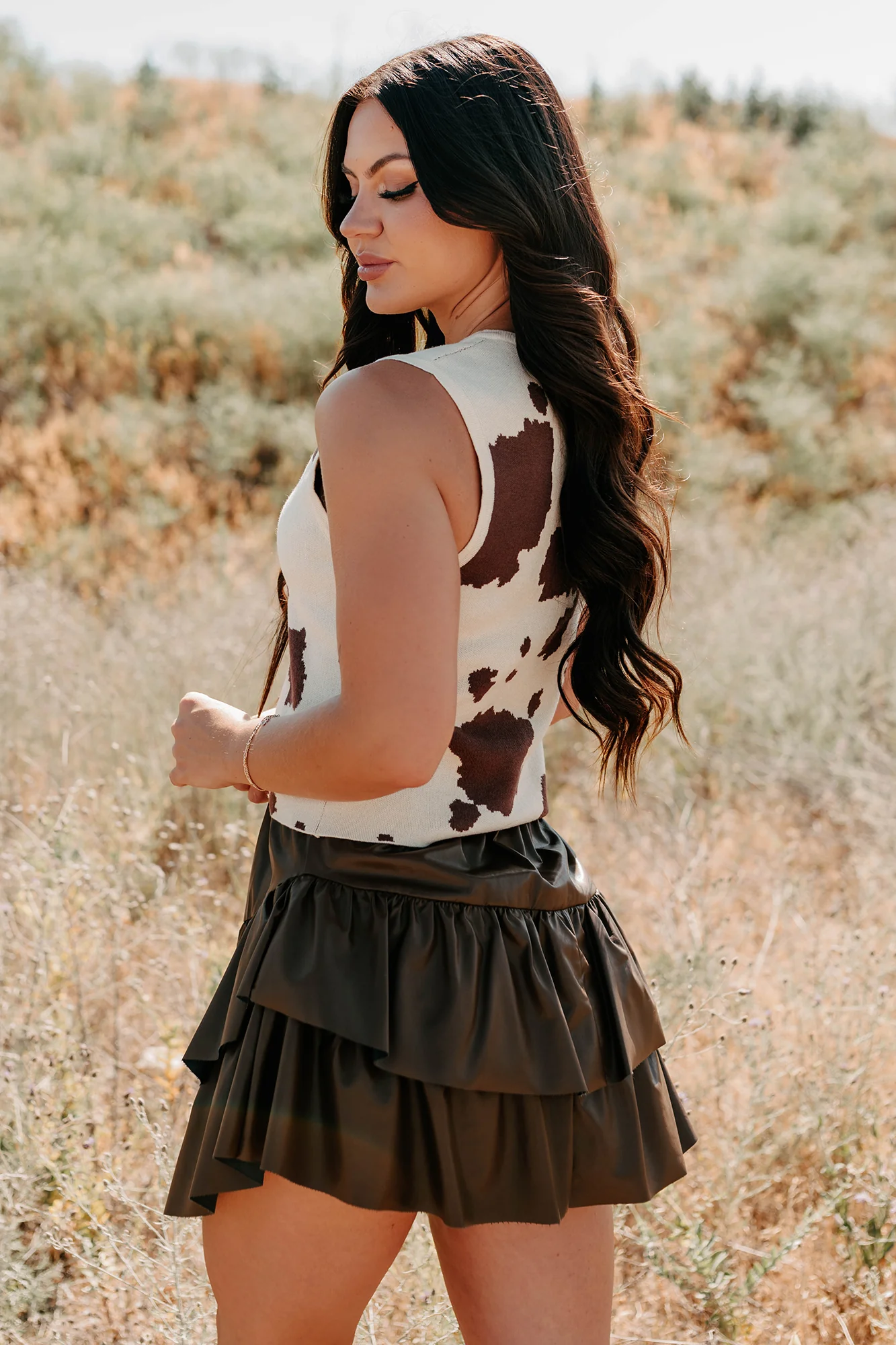 Rodeo Glow Sleeveless Cow Print Top (Beige/Brown) - Image 4