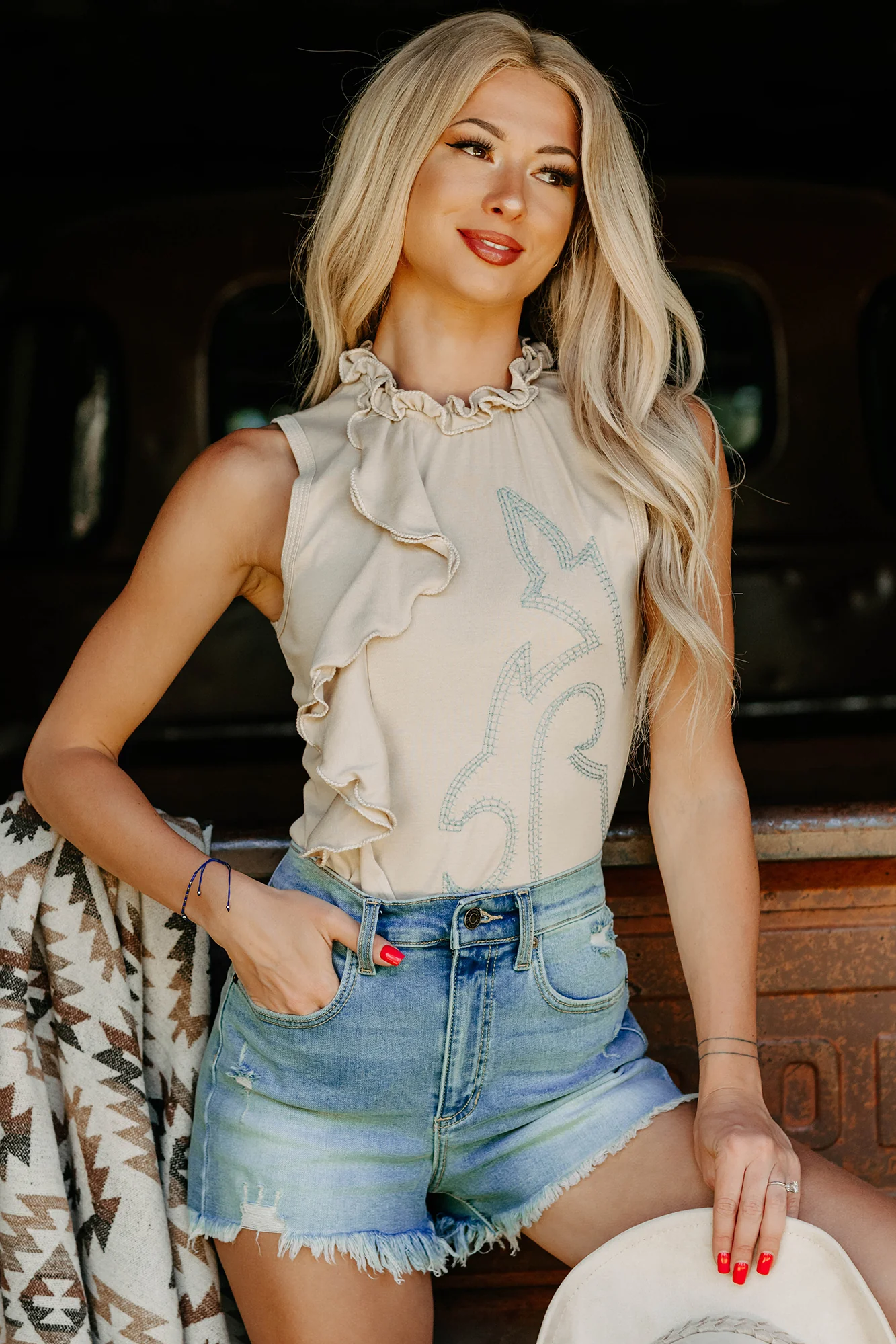 Rodeo Ready Embroidered Ruffle Top (Sand) - Image 9