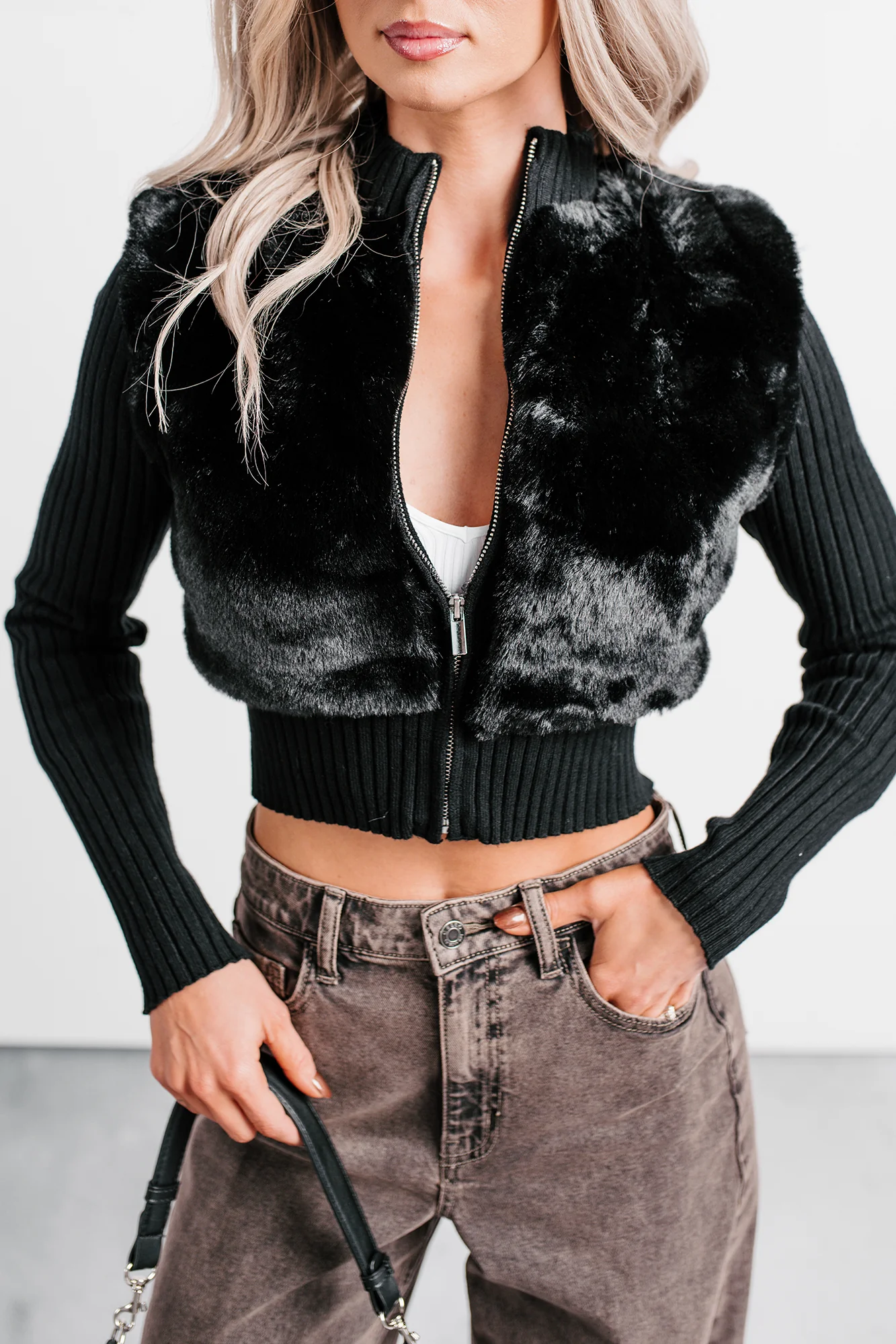 Romantic Dreams Faux Fur Front Zip Cardigan (Black) - Image 3