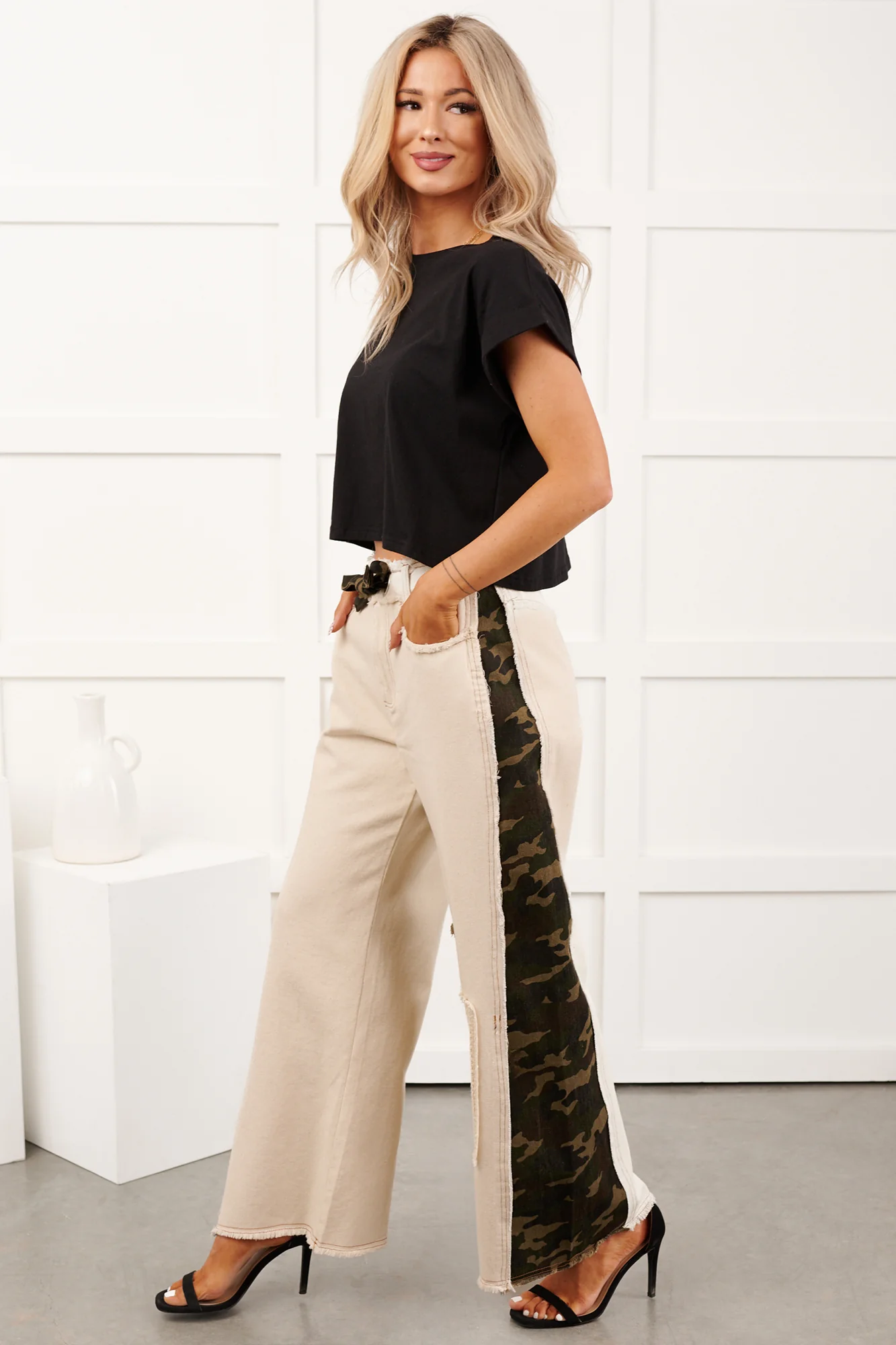 Rosales Wide Leg Camo Denim Pants (Ivory) - Image 2
