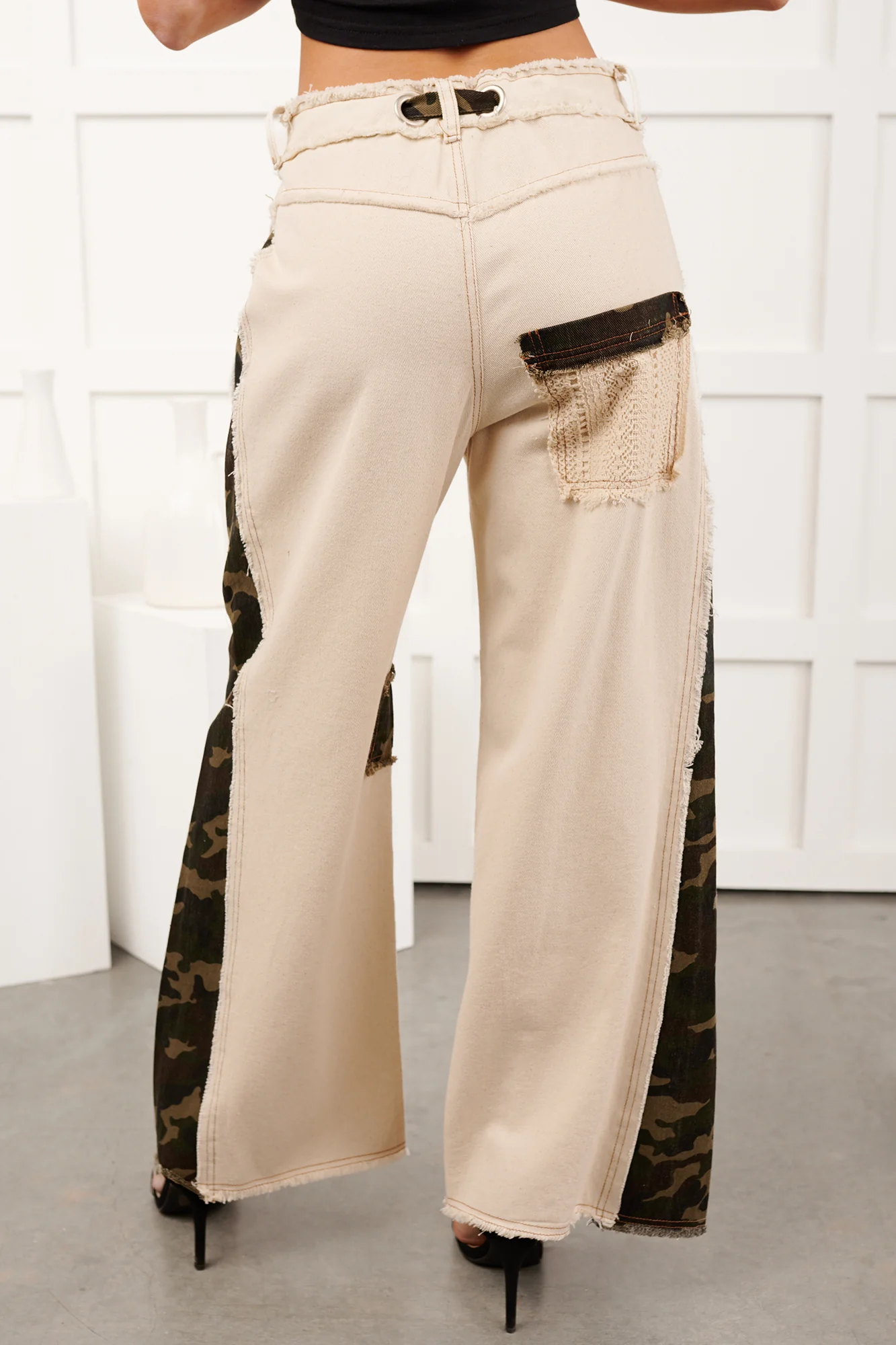 Rosales Wide Leg Camo Denim Pants (Ivory) - Image 3