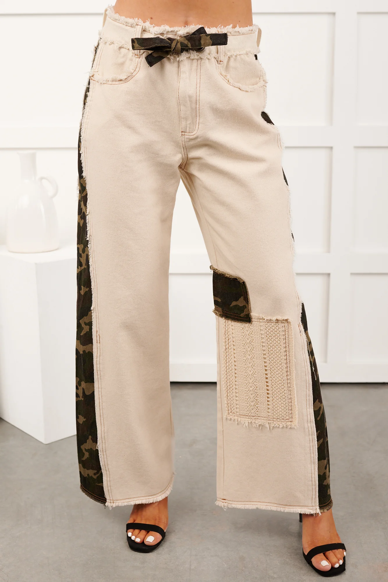 Rosales Wide Leg Camo Denim Pants (Ivory) - Image 7