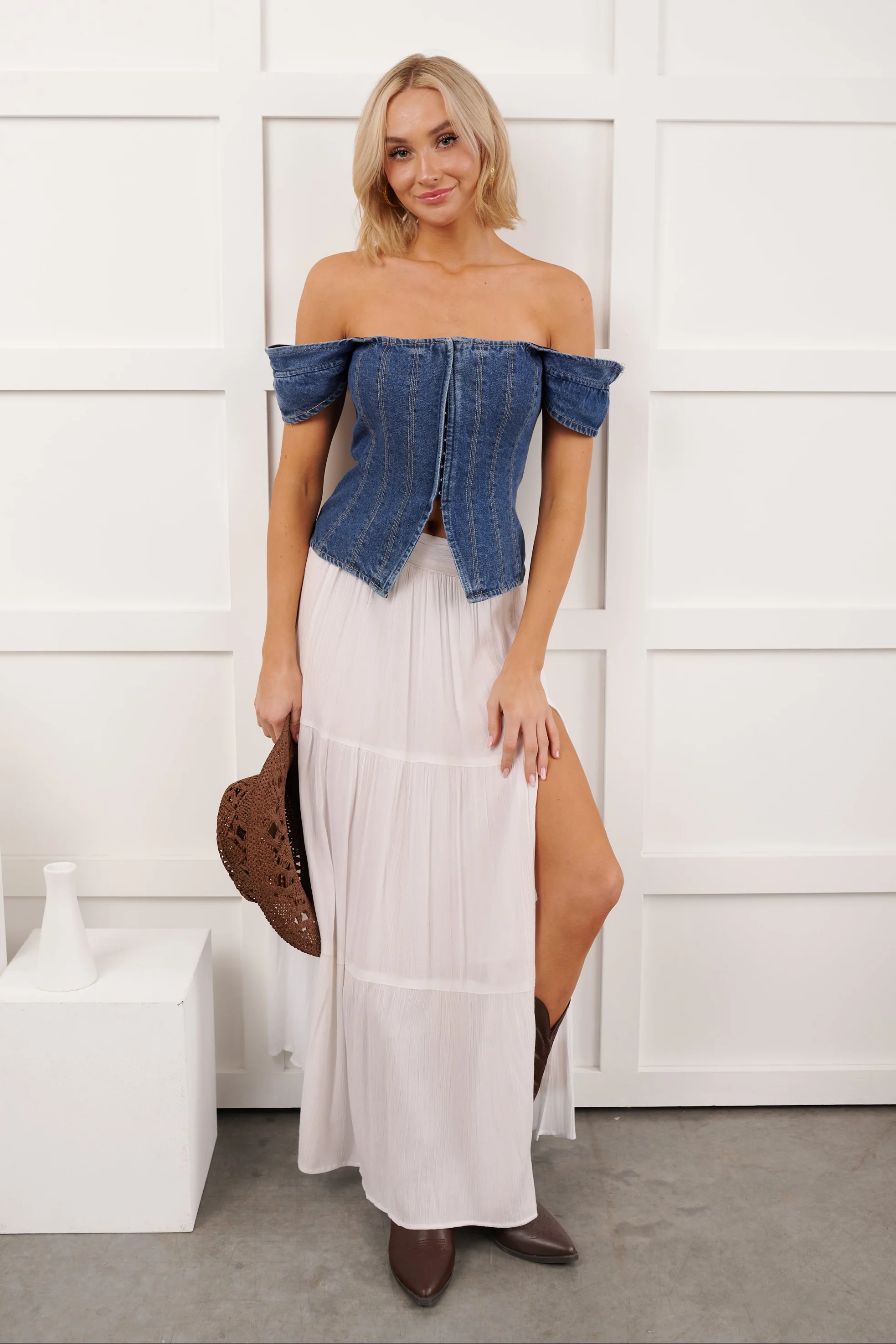 Rouge Tinted Square Neck Corset Style Top (Denim) - Image 3