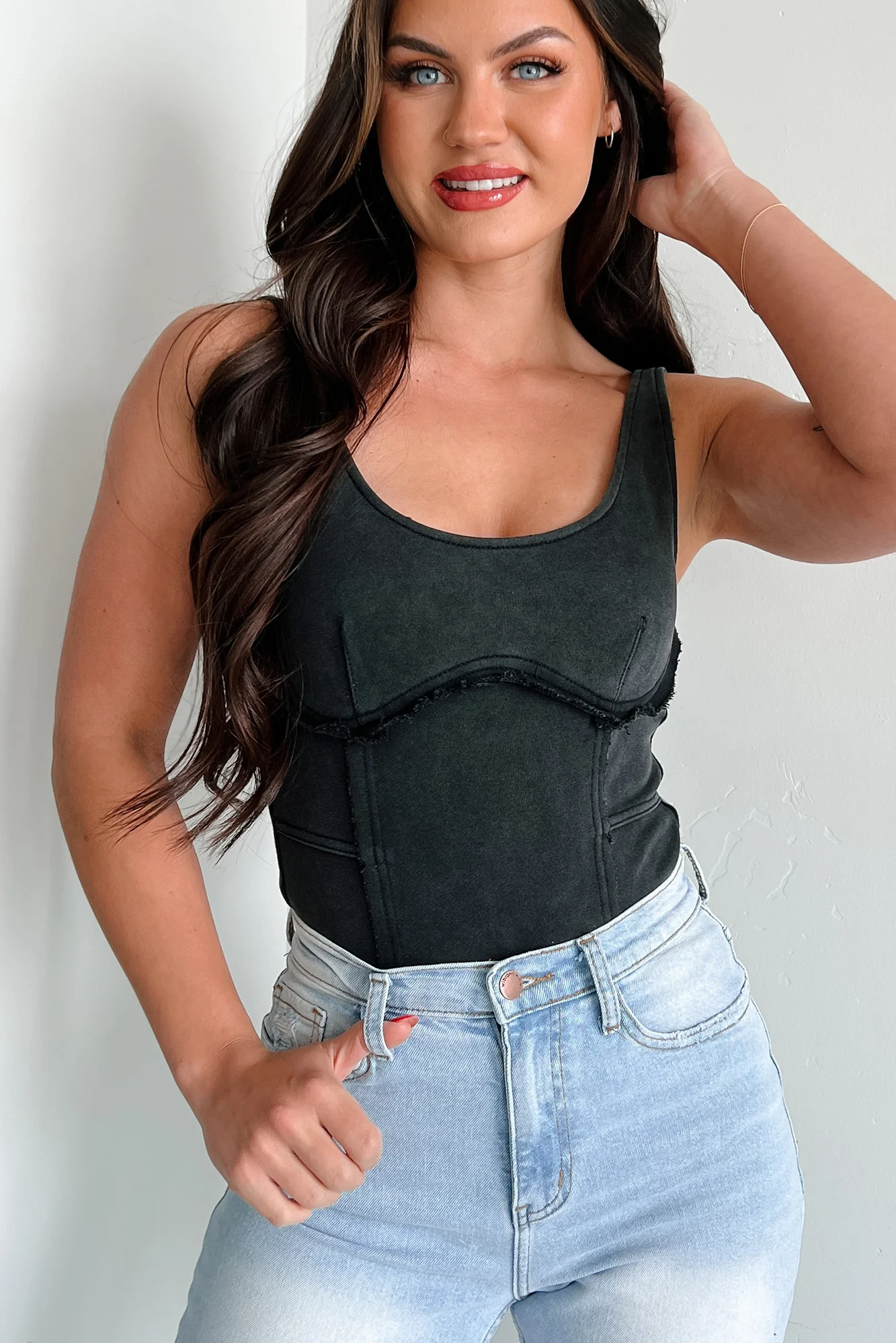 Rough Around The Edges Raw Edge Tank Bodysuit (Black) - Image 7