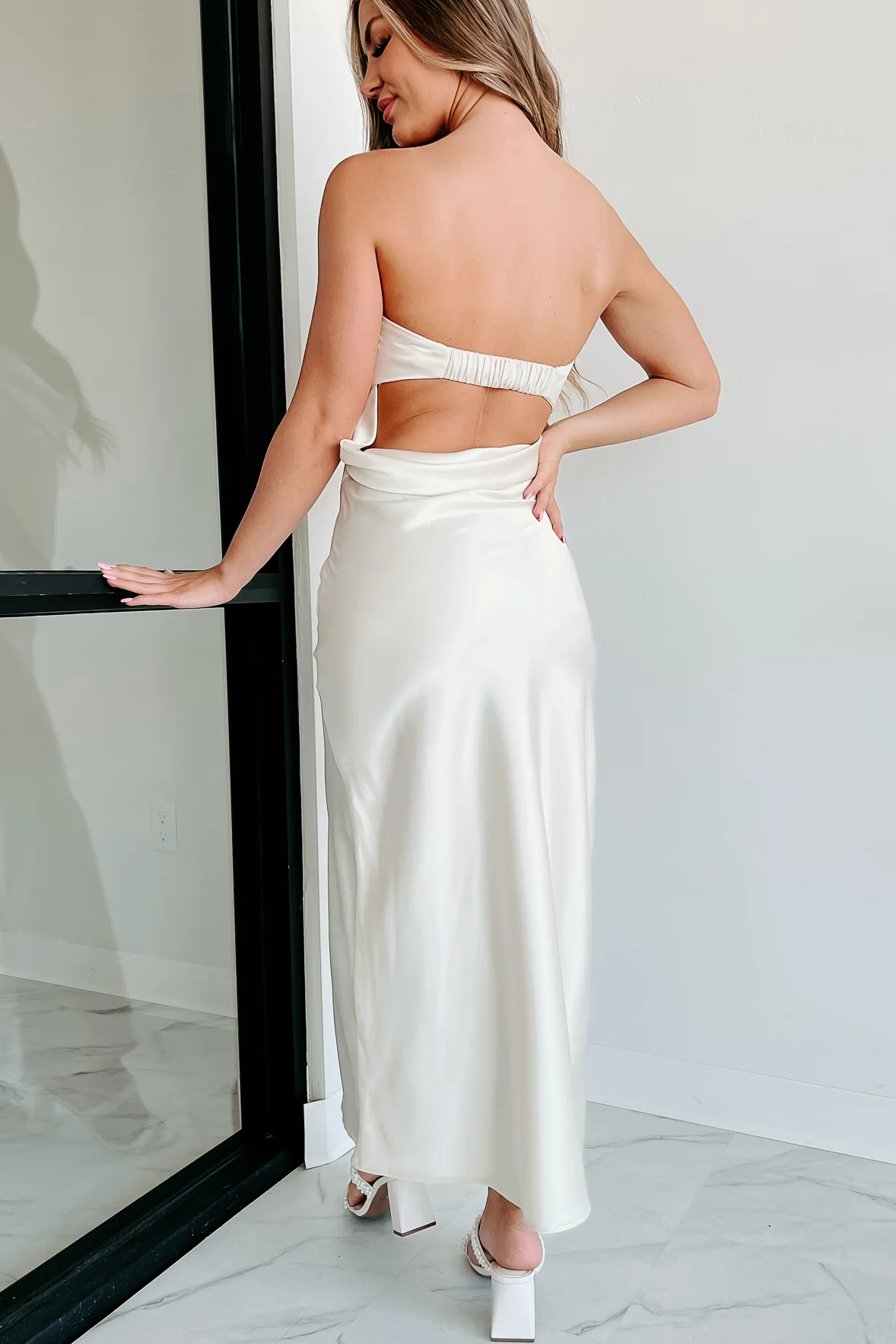 Royal Entrance Satin Maxi Dress With Rhinestone Detail (Ivory) - Image 6